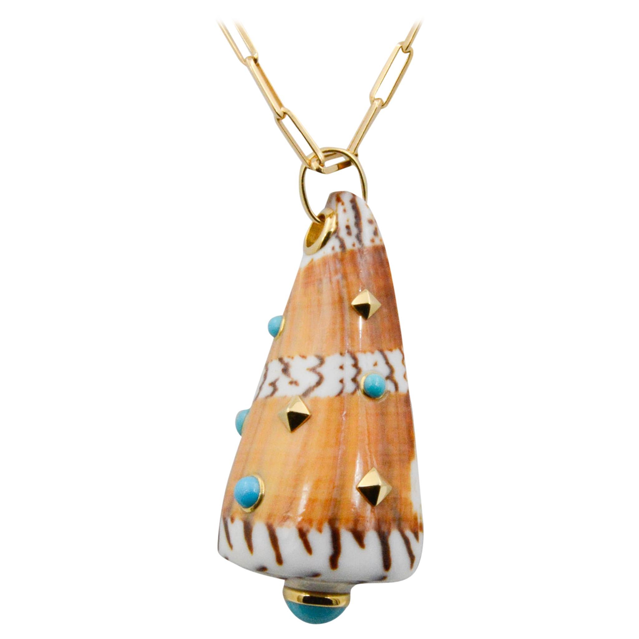 Seaman Schepps Cone Shell Turquoise and 18k Gold Pendant & Paperclip Chain