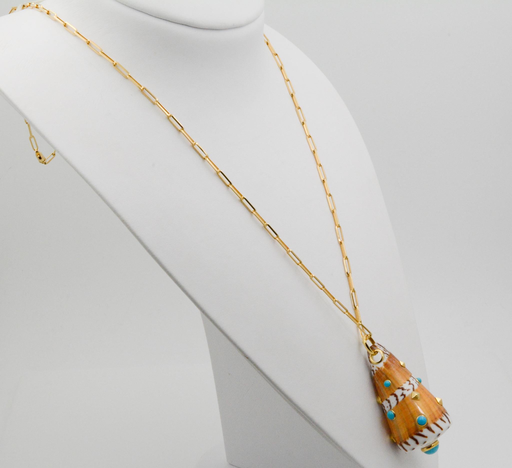 Cabochon Seaman Schepps Cone Shell Turquoise and 18k Gold Pendant & Paperclip Chain