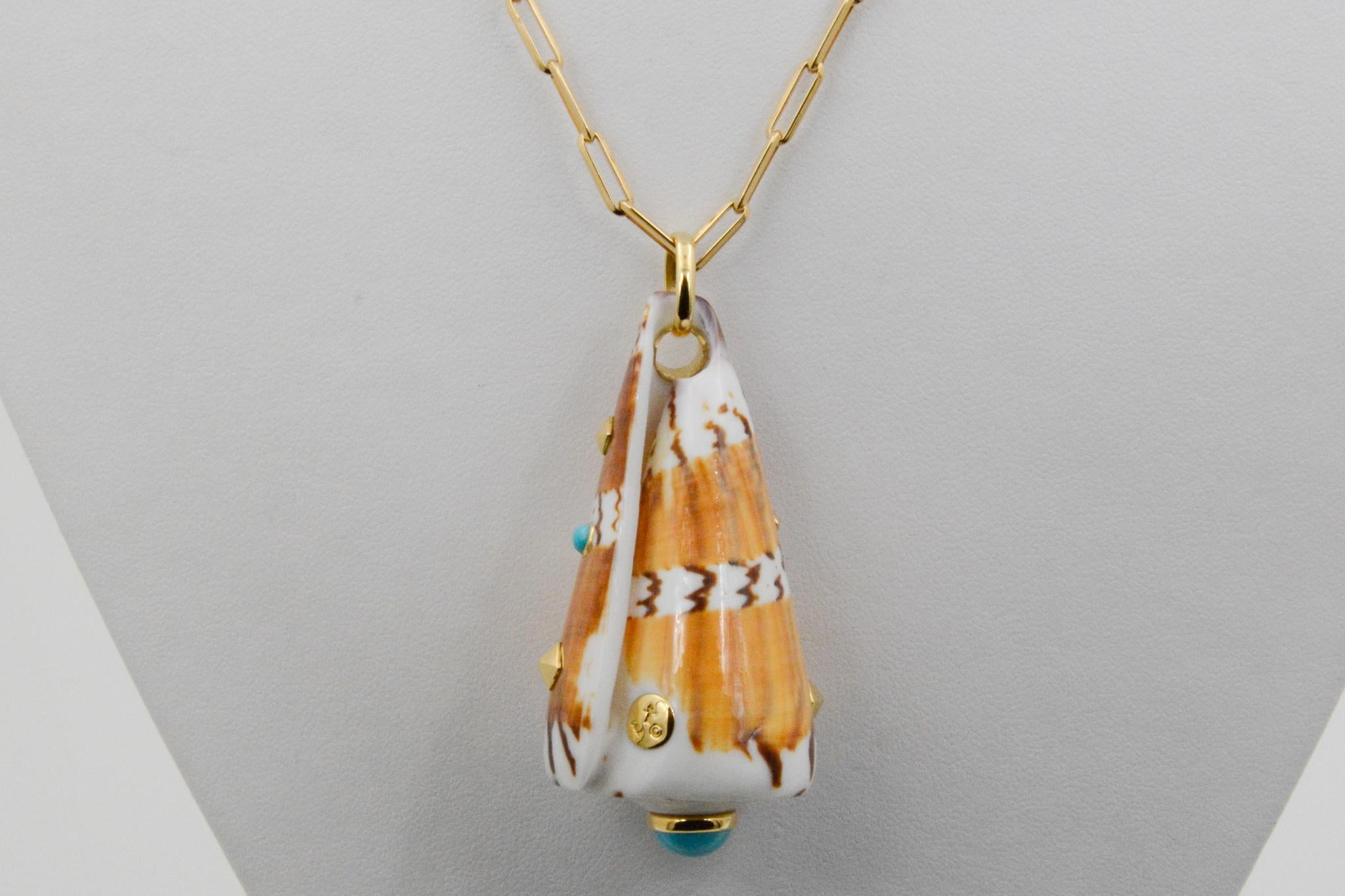 Seaman Schepps Cone Shell Turquoise and 18k Gold Pendant & Paperclip Chain In New Condition In Dallas, TX