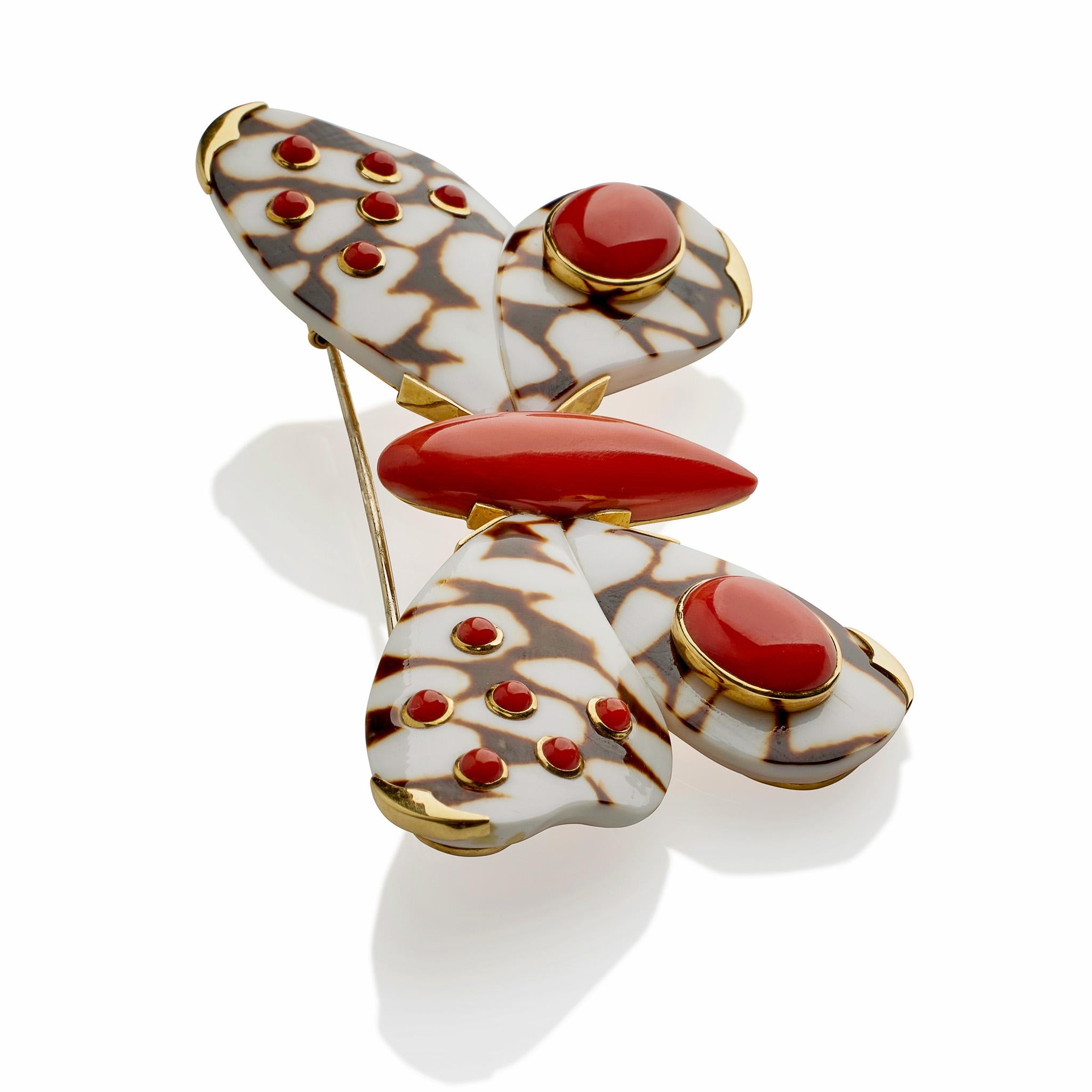 Cabochon Trianon Coral and Carved Shell Butterfly Clip Brooch For Sale