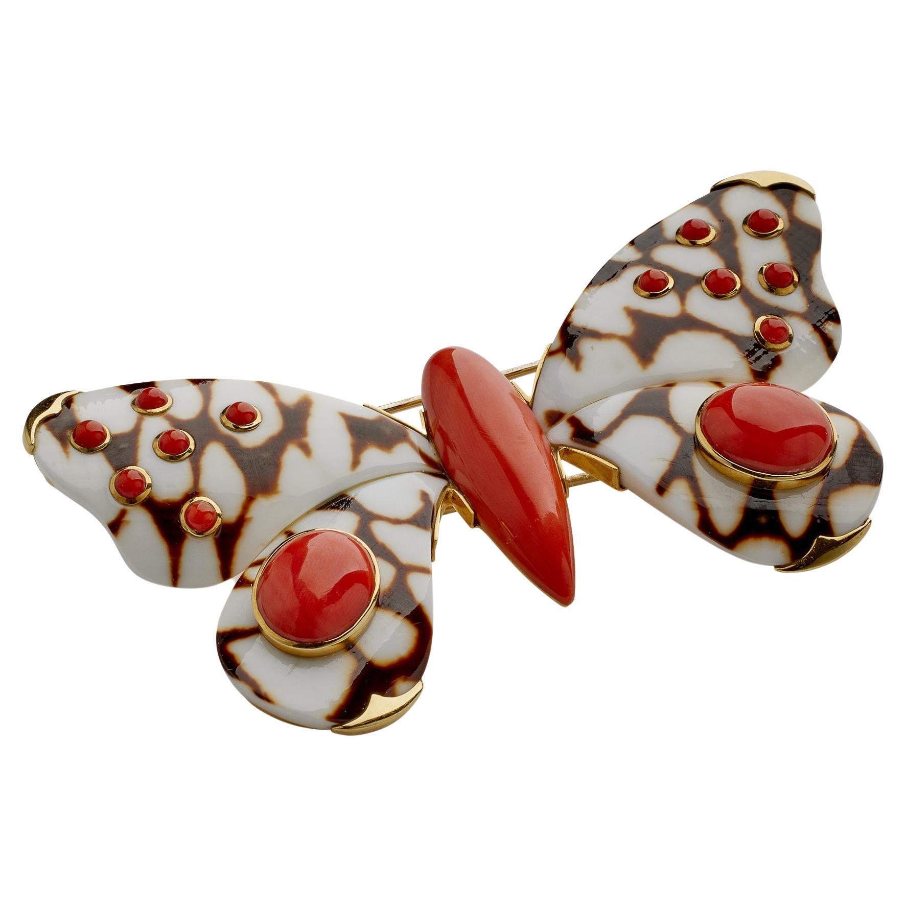 Trianon Coral Carved Shell Butterfly Clip Brooch