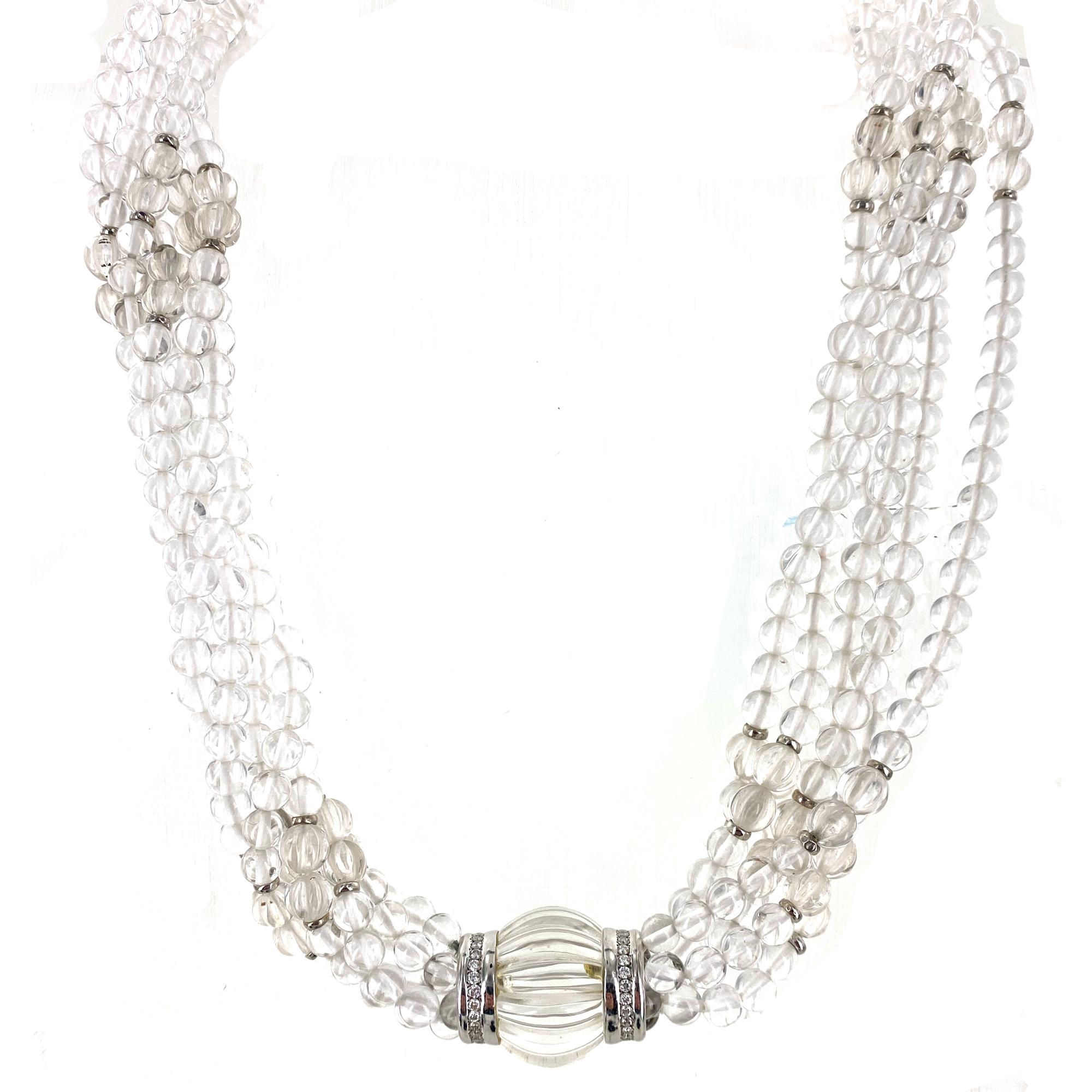 Round Cut Trianon Crystal Bead Diamond White Gold Tassel Multi Strand Necklace