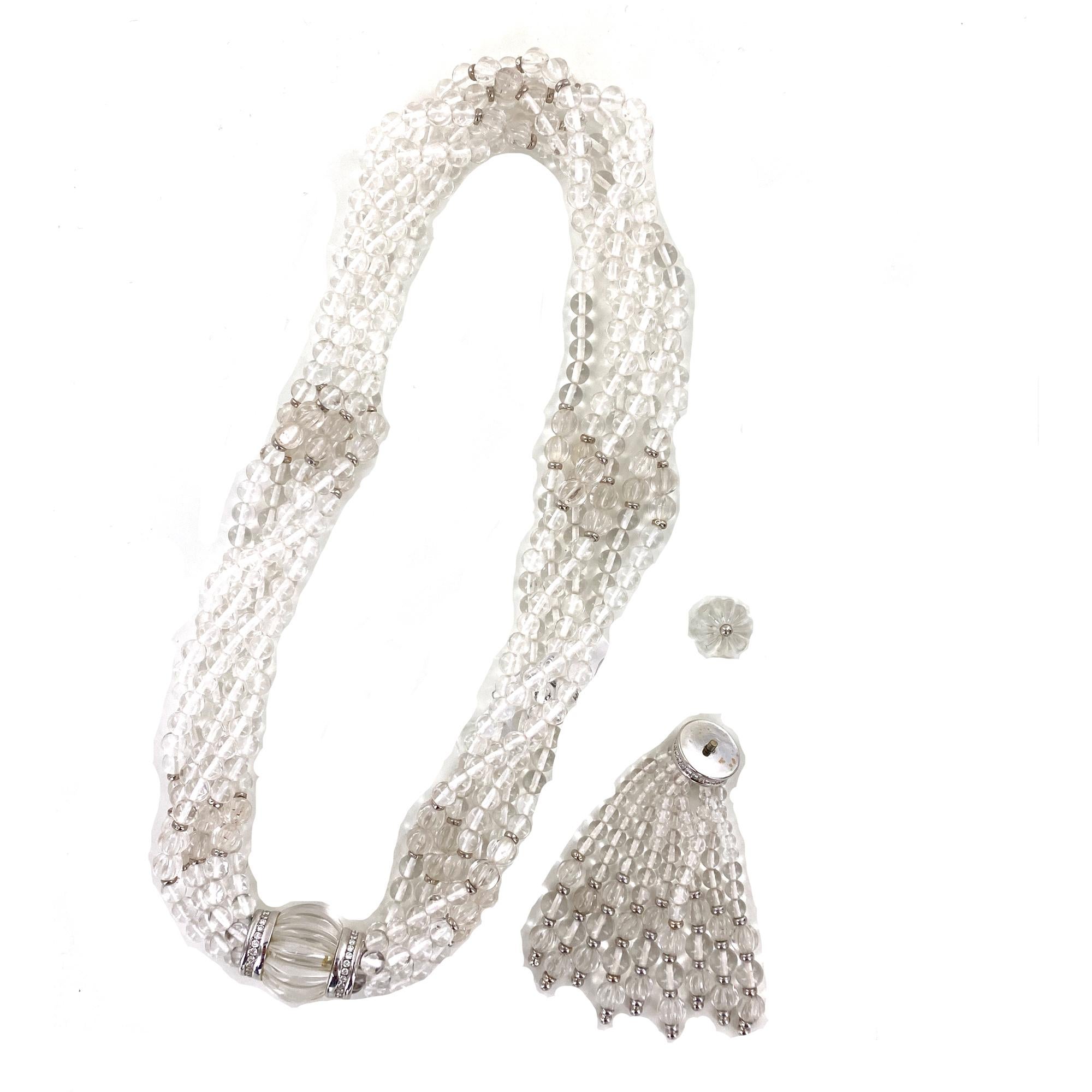 Trianon Crystal Bead Diamond White Gold Tassel Multi Strand Necklace In Excellent Condition In Boca Raton, FL