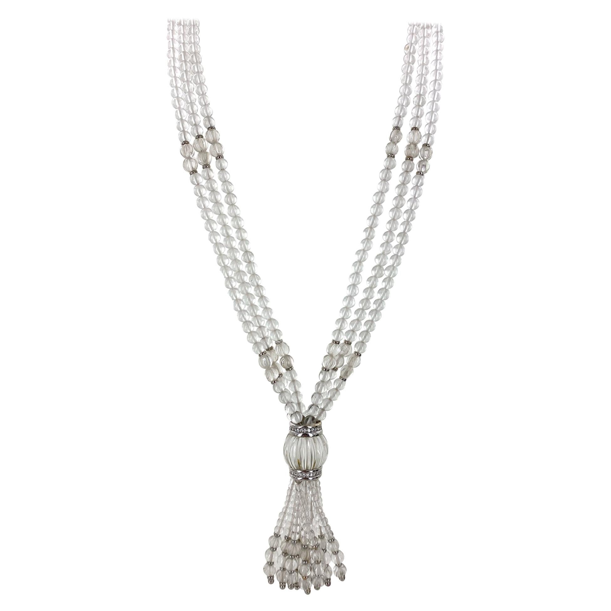 Trianon Crystal Bead Diamond White Gold Tassel Multi Strand Necklace
