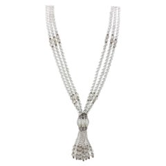 Trianon Crystal Bead Diamond White Gold Tassel Multi Strand Necklace