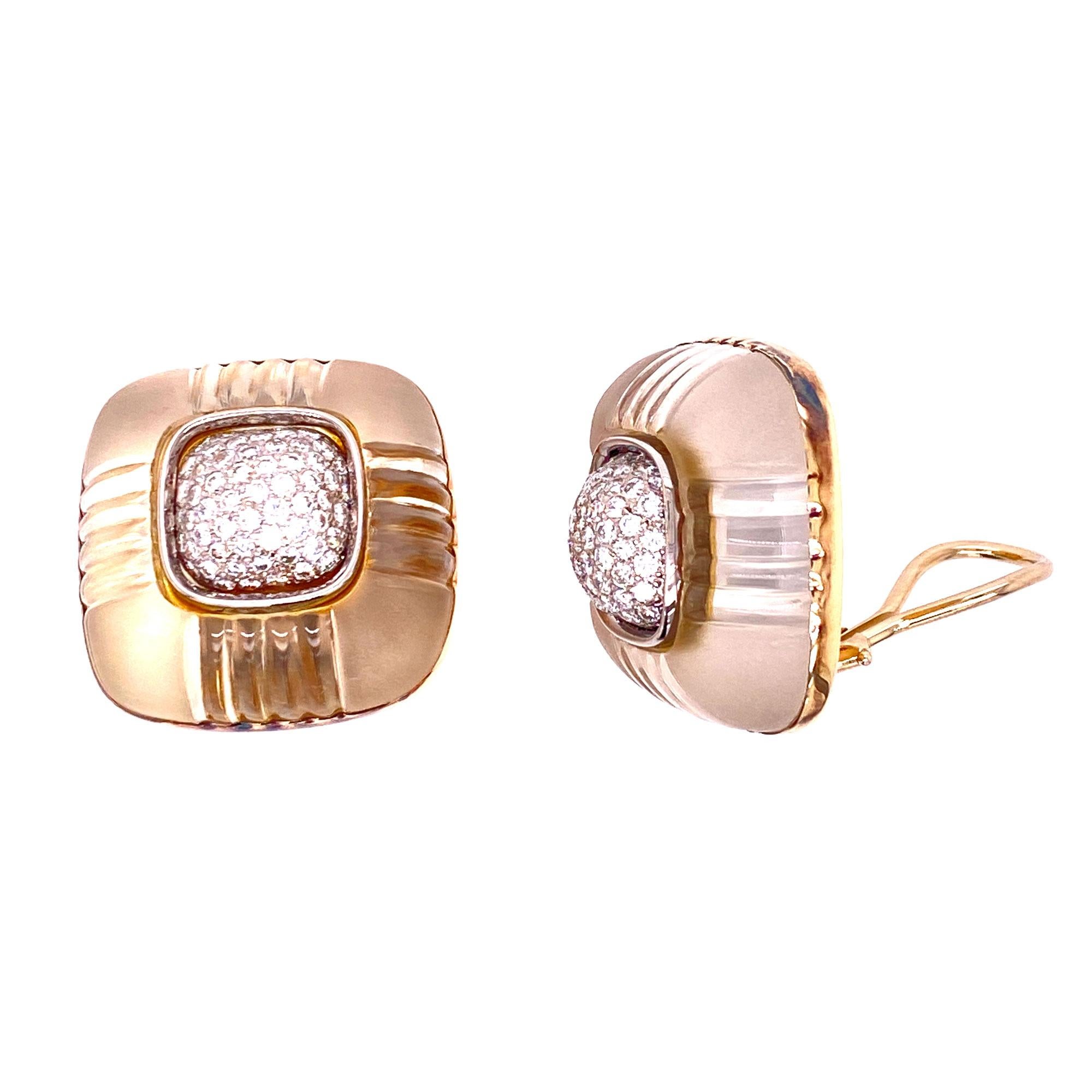 Beautiful diamond and frosted rock crystal earrings by designer Trianon. The square clip earrings feature round brilliant cut  diamonds weighing 2.00 carat total weight. The diamonds are surrounded by frosted carved rock crystal and 14 karat yellow