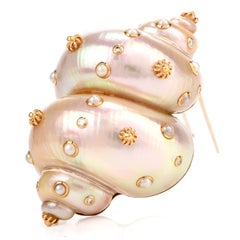 Trianon Diamond Pearl Large 14 Karat Shell Brooch Pin