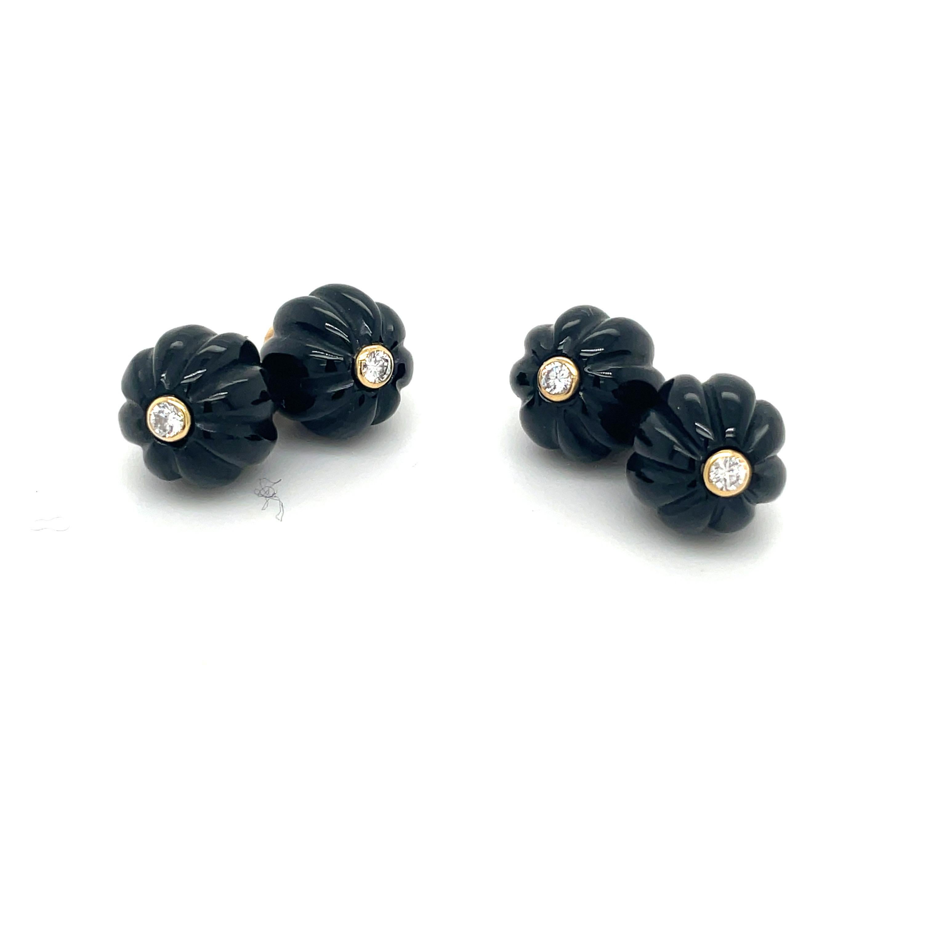 Round Cut Trianon Fluted Onyx Bead Cuff Links with 14KT and Diamond For Sale
