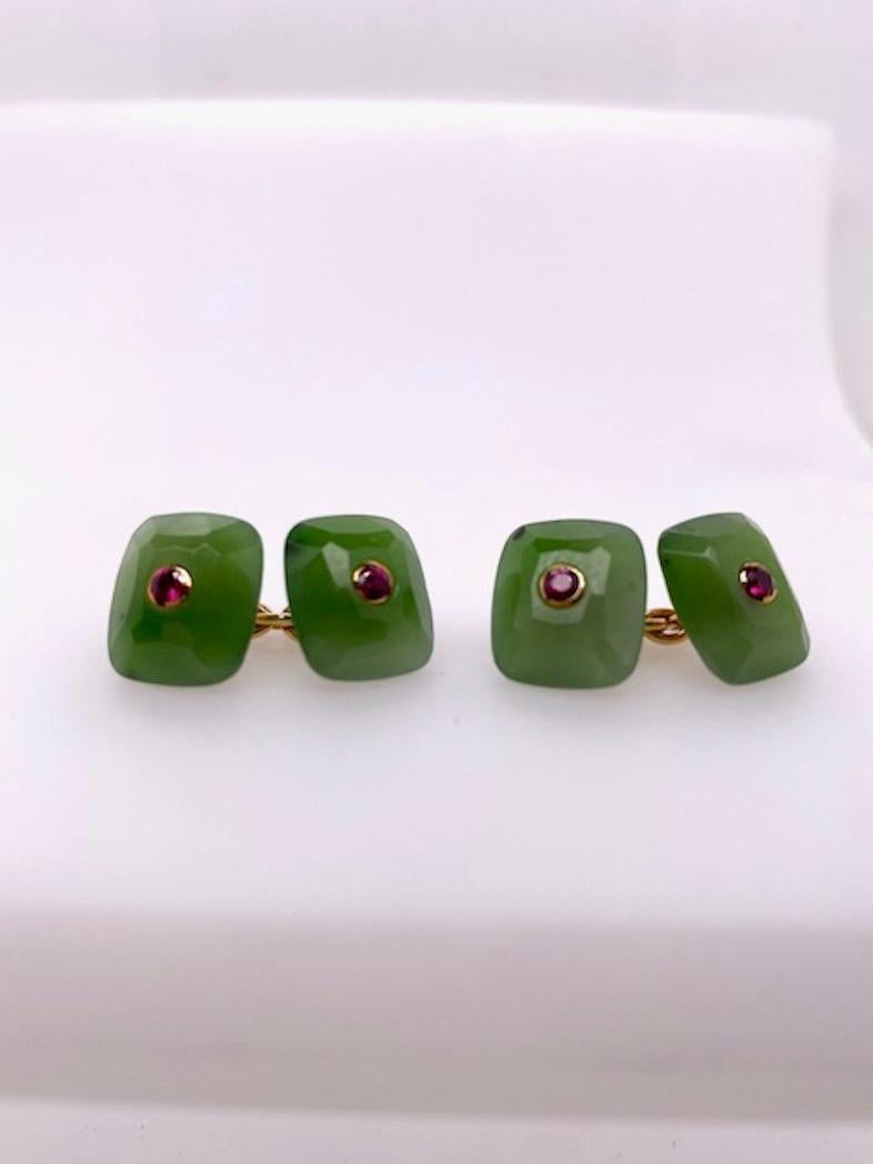 Women's or Men's Trianon Gold Jadeite and Ruby Cufflinks For Sale