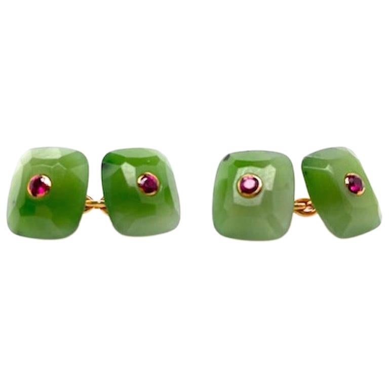 Trianon Gold Jadeite and Ruby Cufflinks For Sale