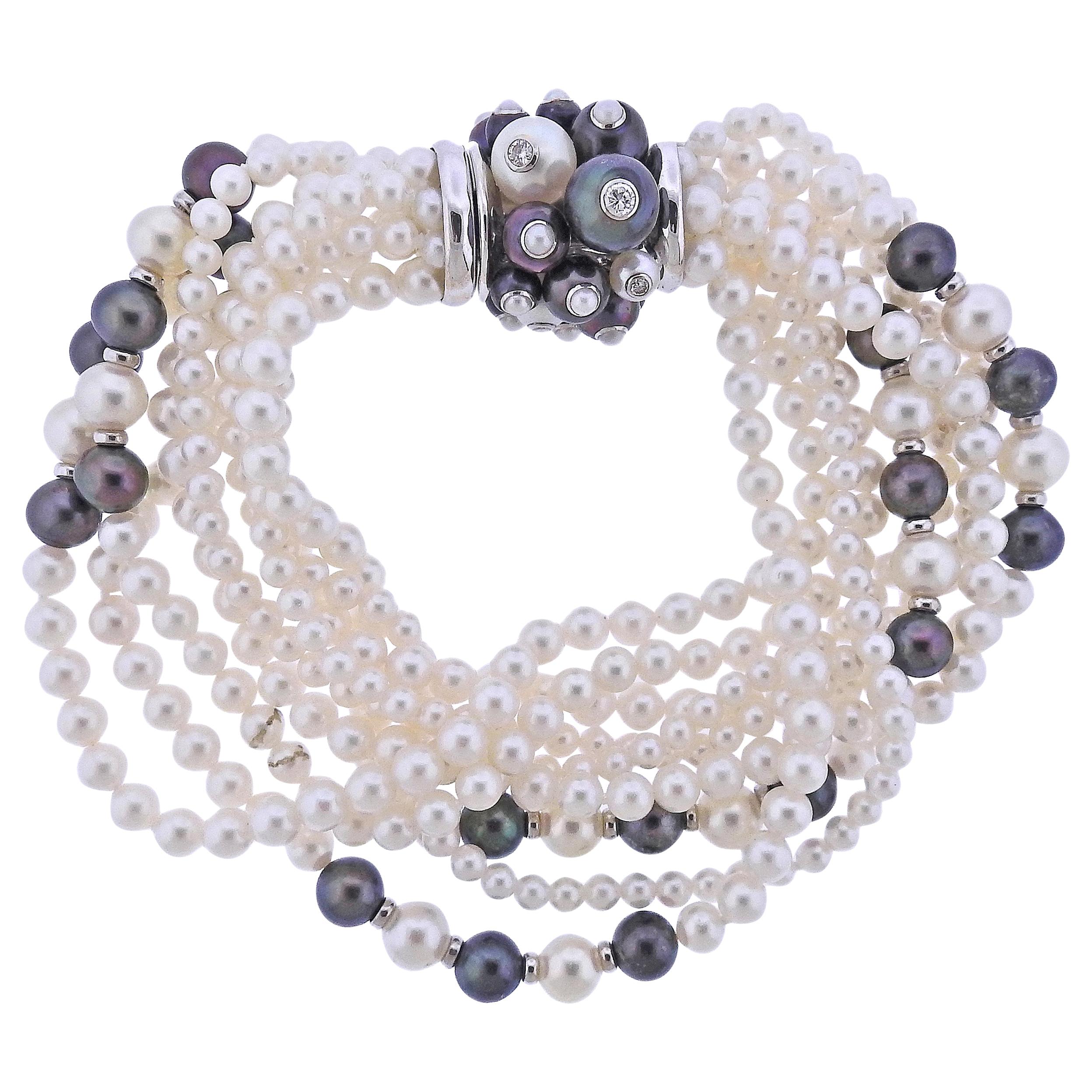 Trianon Gold Multi Strand Pearl Diamond Bracelet For Sale