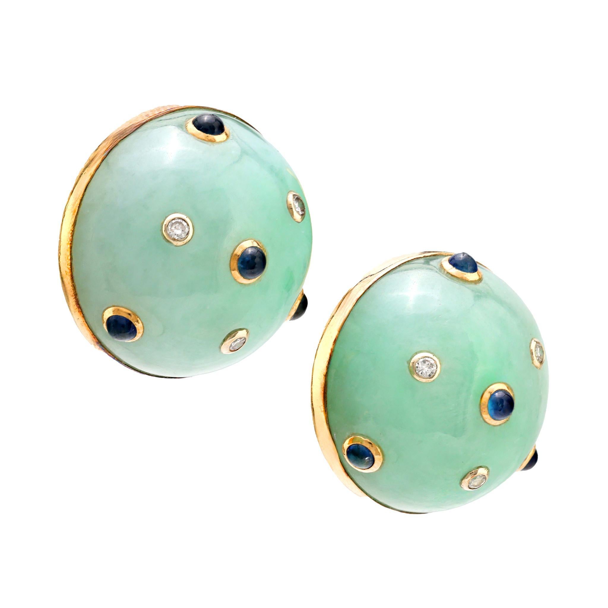 Modern Trianon jadeite sapphire diamond 14k yellow gold clip on earrings