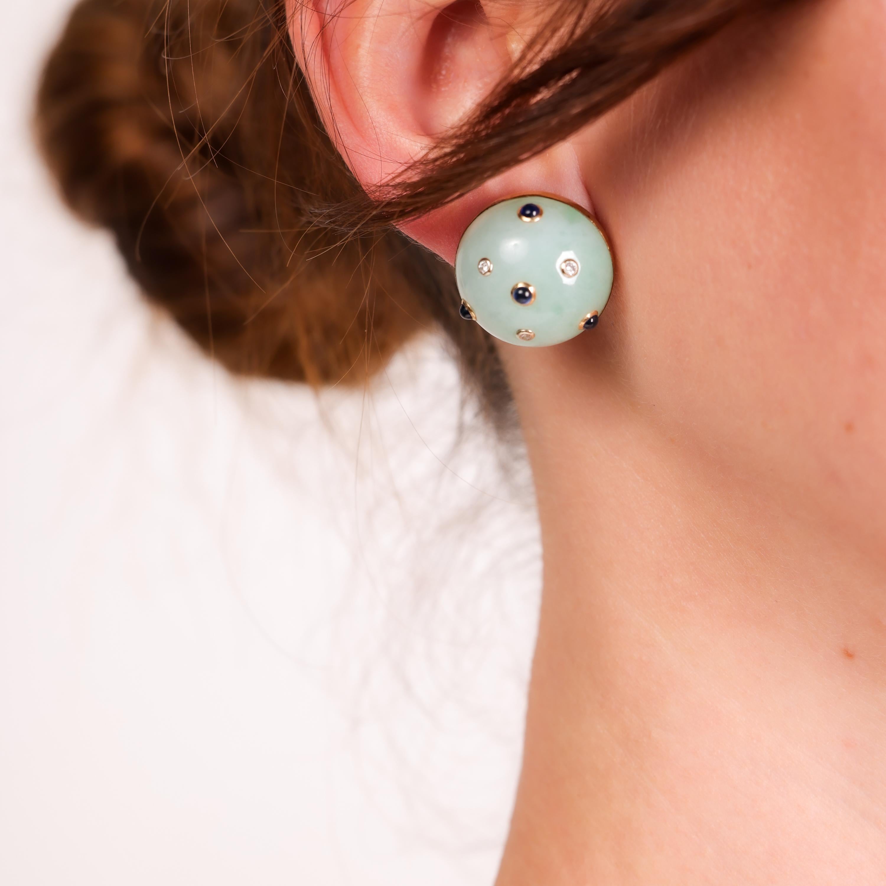 Cabochon Trianon jadeite sapphire diamond 14k yellow gold clip on earrings