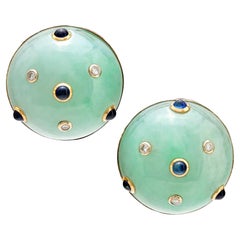 Orecchini a clip Trianon in giadeite, zaffiro e diamante in oro giallo 14k