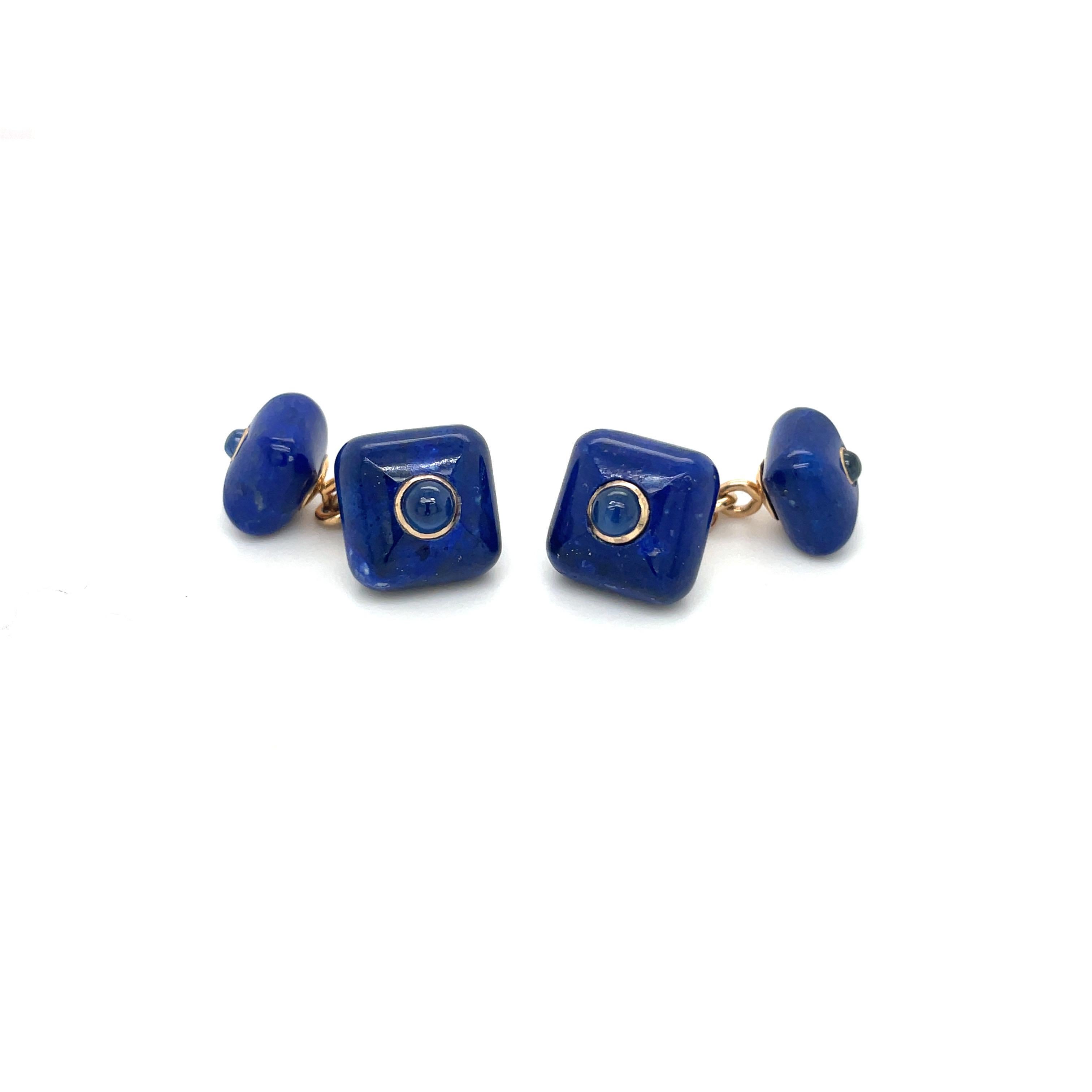 Cabochon Trianon Lapis Cuff Links with Blue Sapphires For Sale