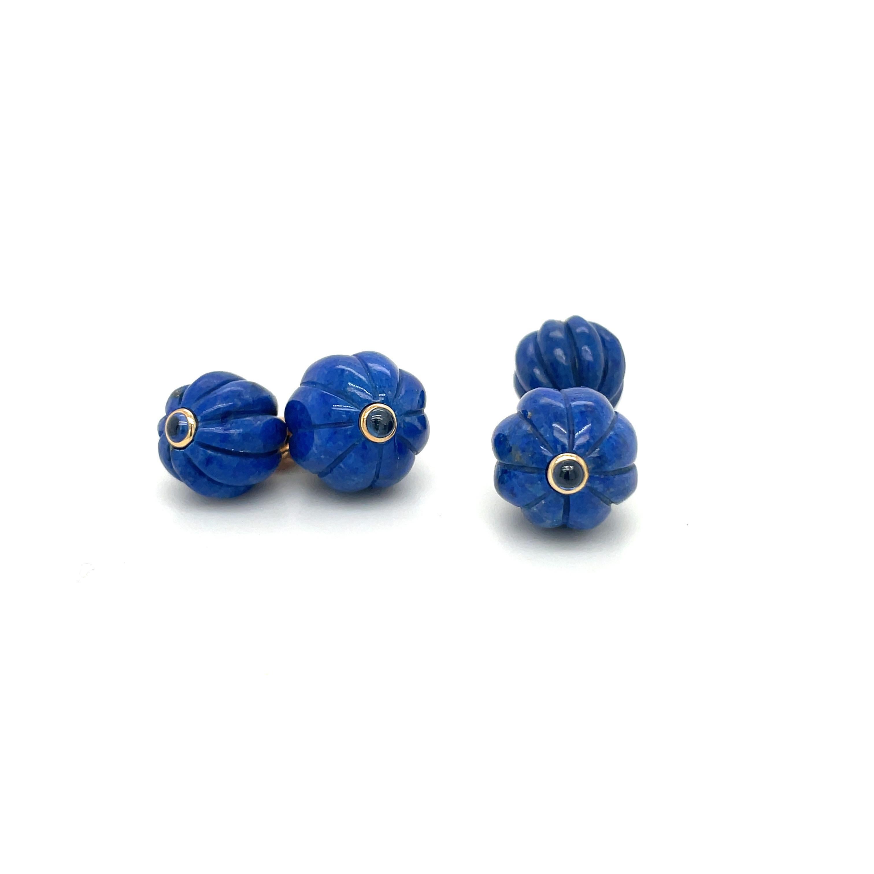 Retro Trianon Lapis Lazuli Fluted Cuff Links with Blue Sapphire Cabochon For Sale