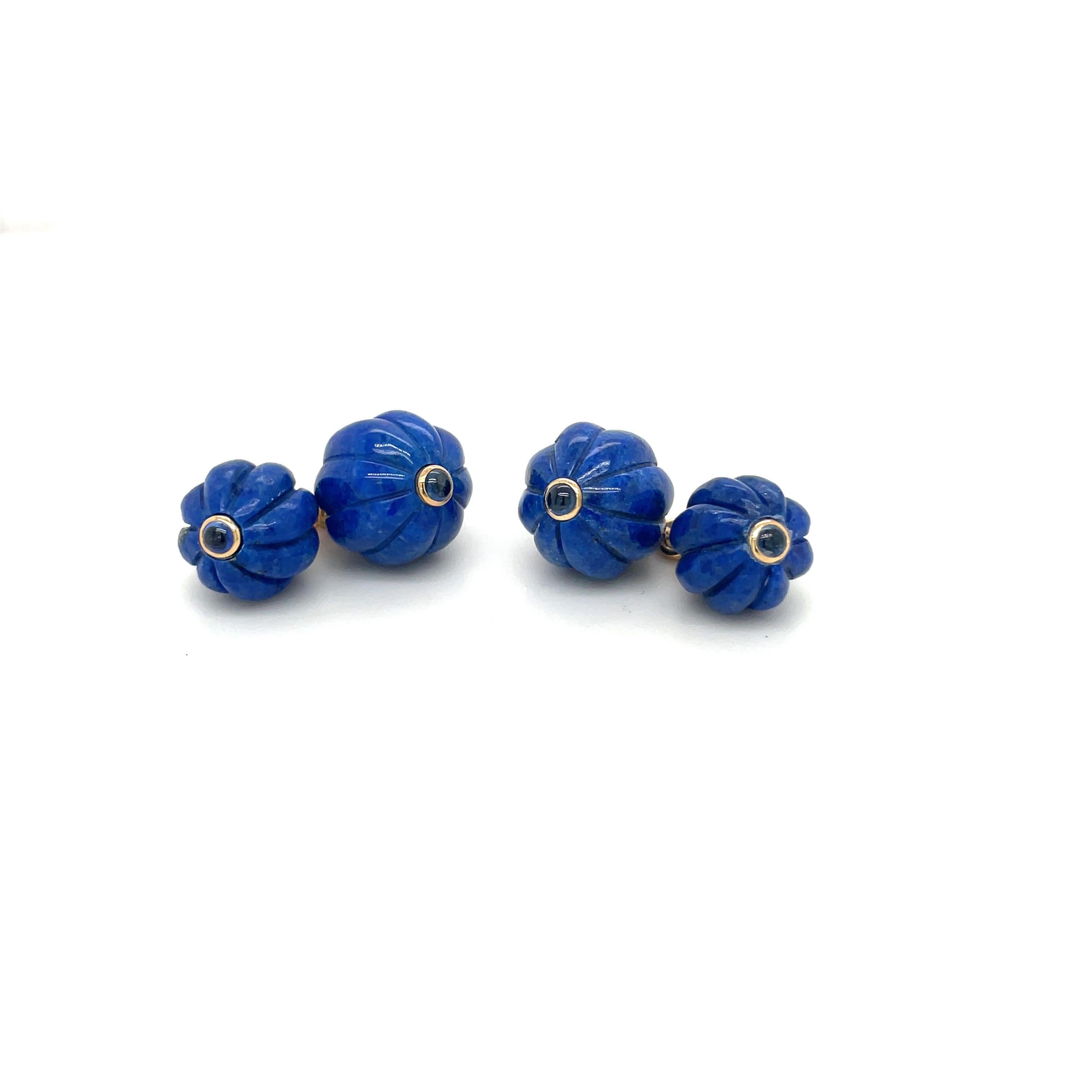 Trianon Lapis Lazuli Fluted Cuff Links with Blue Sapphire Cabochon In New Condition For Sale In New York, NY