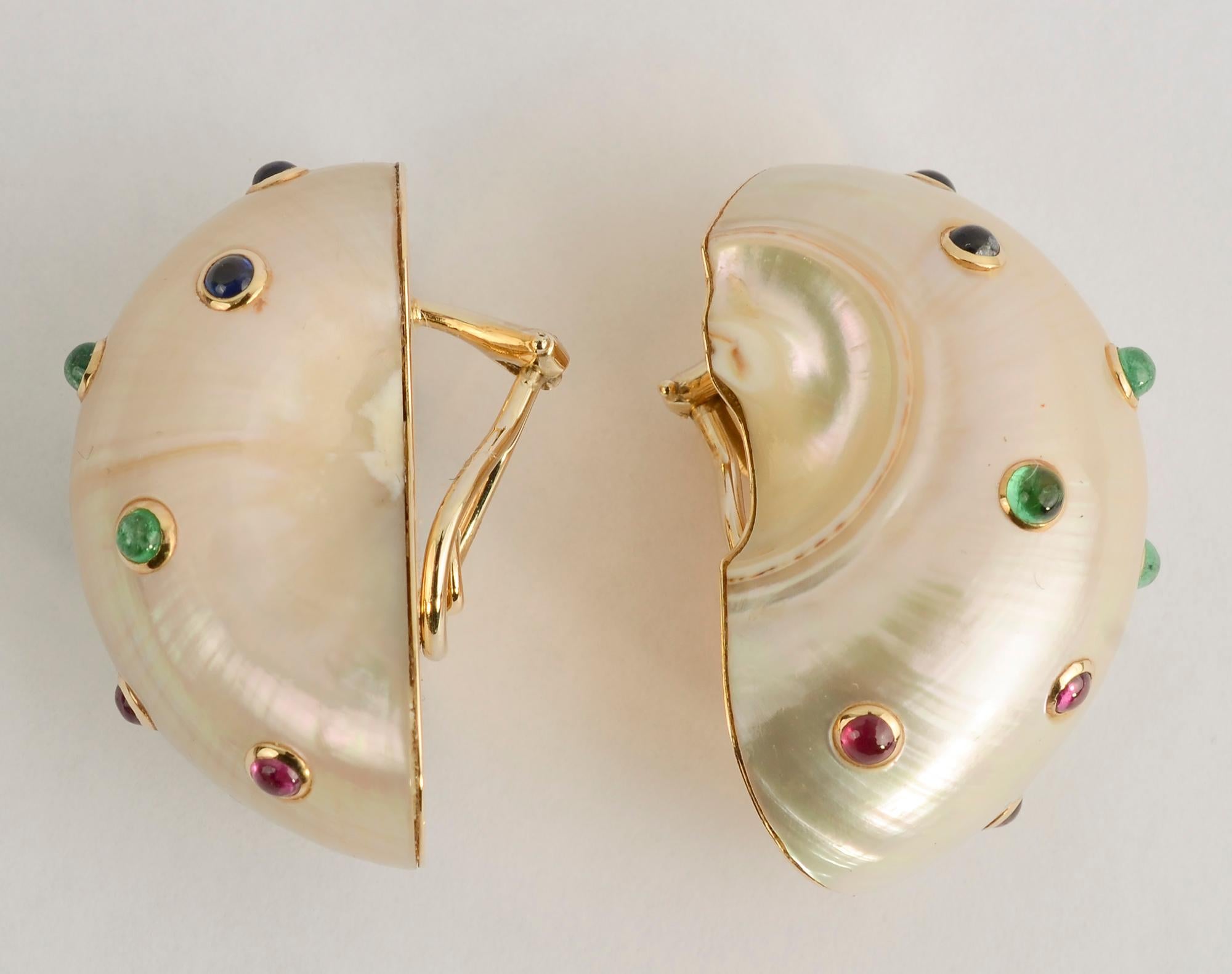 Modern Trianon Large Shell Earrings with Rubies, Sapphires and Emeralds