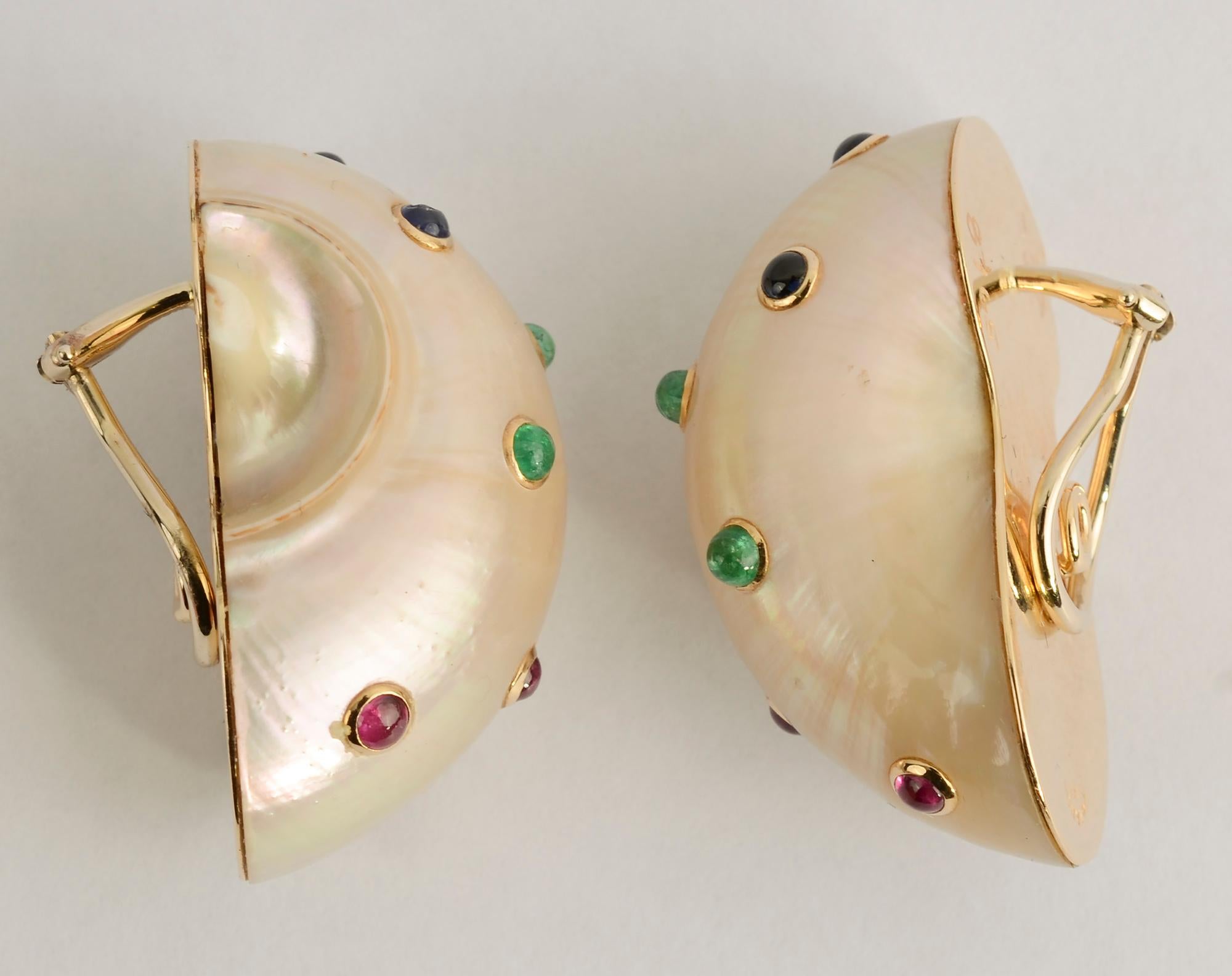 Trianon Large Shell Earrings with Rubies, Sapphires and Emeralds In Excellent Condition In Darnestown, MD