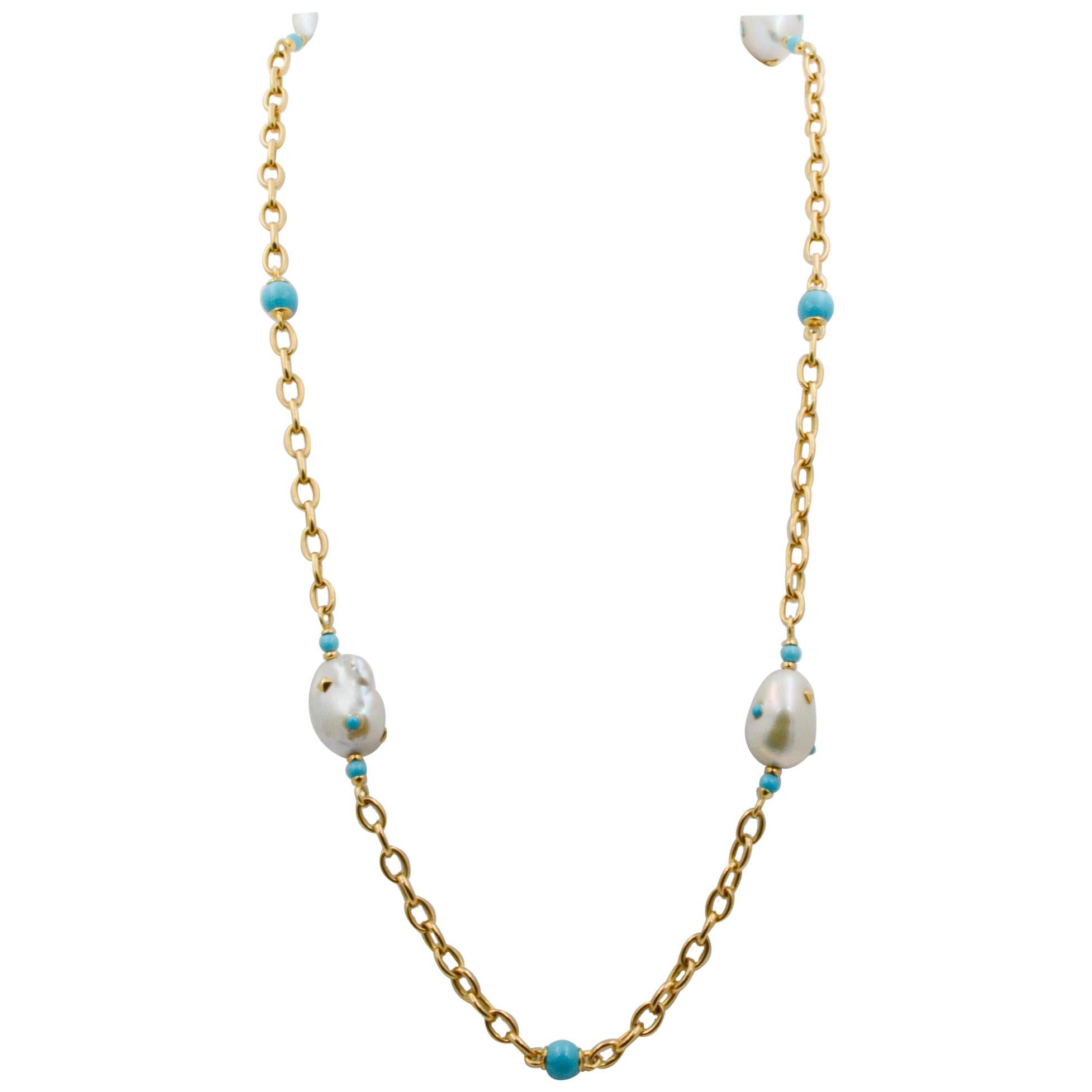 Seaman Schepps Libson 18k Gold Freshwater Pearl Turquoise Chain Necklace