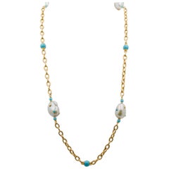 Seaman Schepps Libson 18k Gold Freshwater Pearl Turquoise Chain Necklace