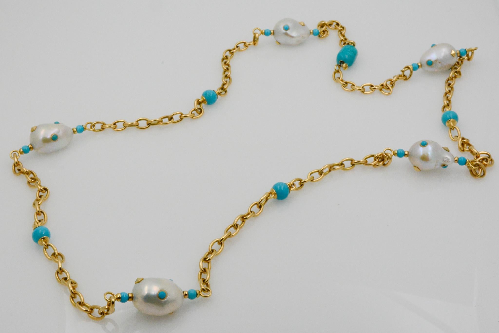 Seaman Schepps Libson 18k Gold Freshwater Pearl Turquoise Chain Necklace In New Condition In Dallas, TX