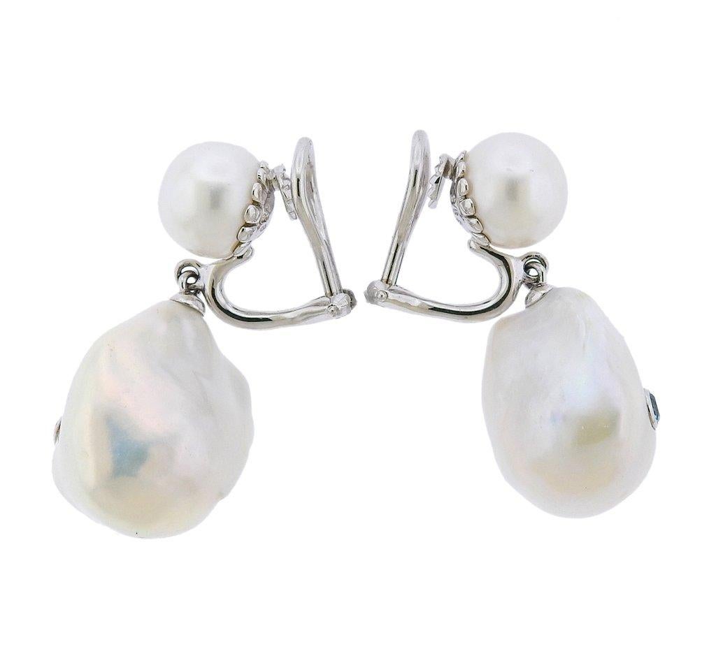Brand new pair of 18k white gold drop earrings by Trianon, set with pearls and blue topaz. Earrings are 35mm x 18mm. Weight is 17.6 grams. Marked 43833, 750, Trianon mark.