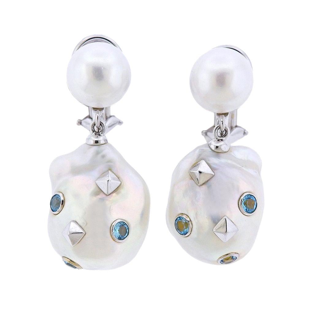 Trianon Lisbon Baroque Pearl Topaz Gold Drop Earrings For Sale