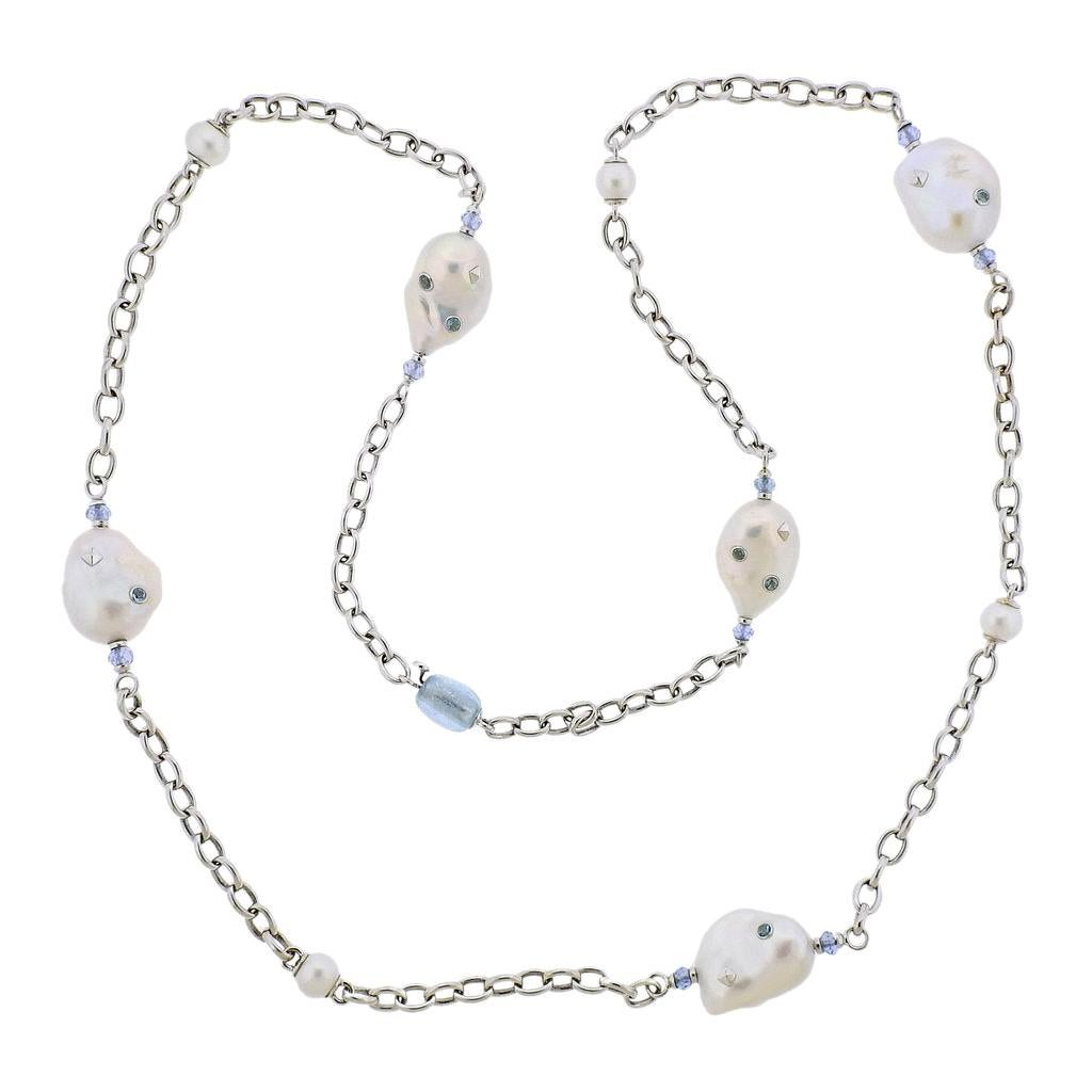 Trianon Lisbon Baroque Pearl Topaz Gold Long Necklace For Sale