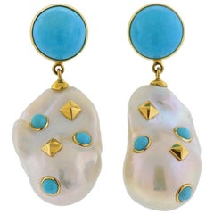 Trianon Lisbon Baroque Pearl Turquoise Gold Drop Earrings