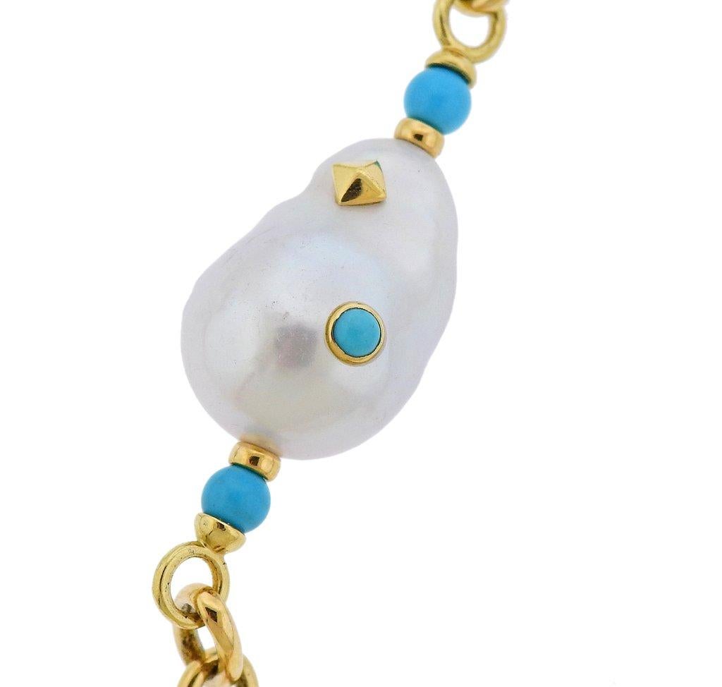 Brand new long 18k gold station necklace by Trianon, set with baroque pearls and turquoise. Necklace is 36