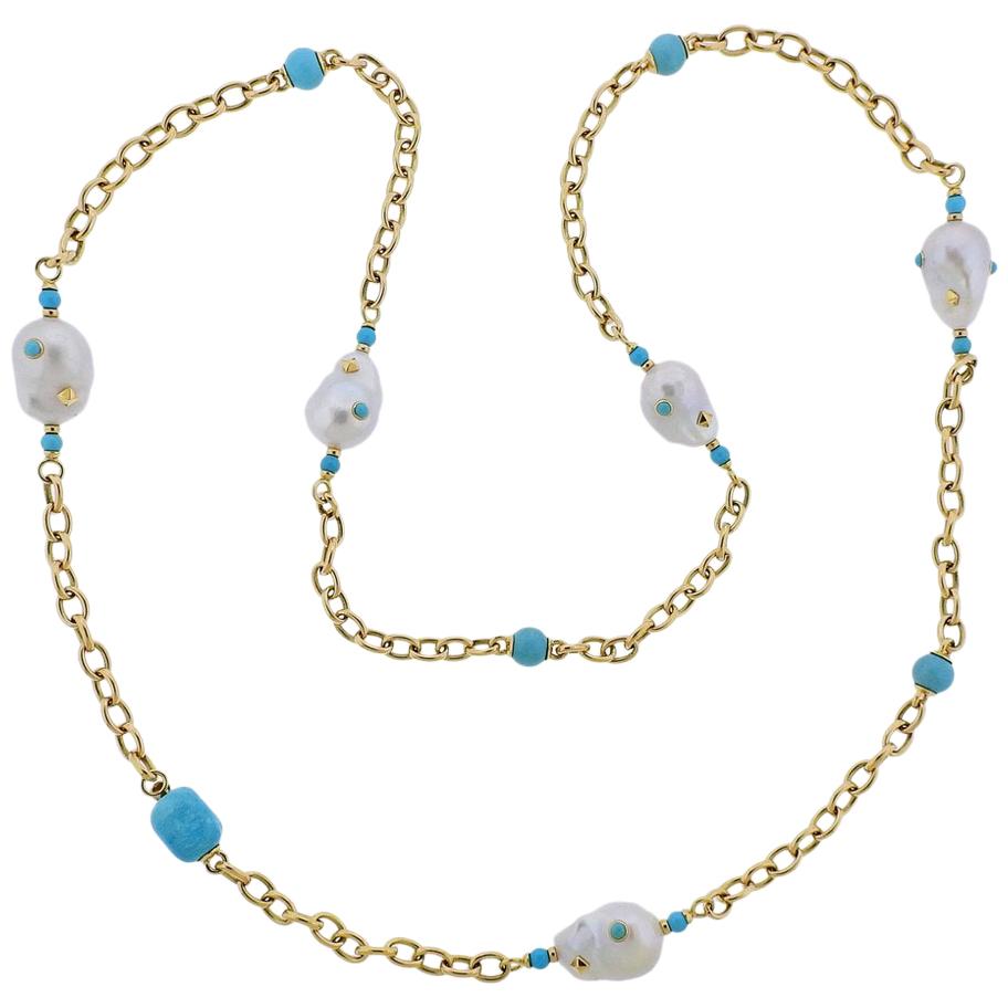 Trianon Lisbon Baroque Pearl Turquoise Gold Long Necklace For Sale