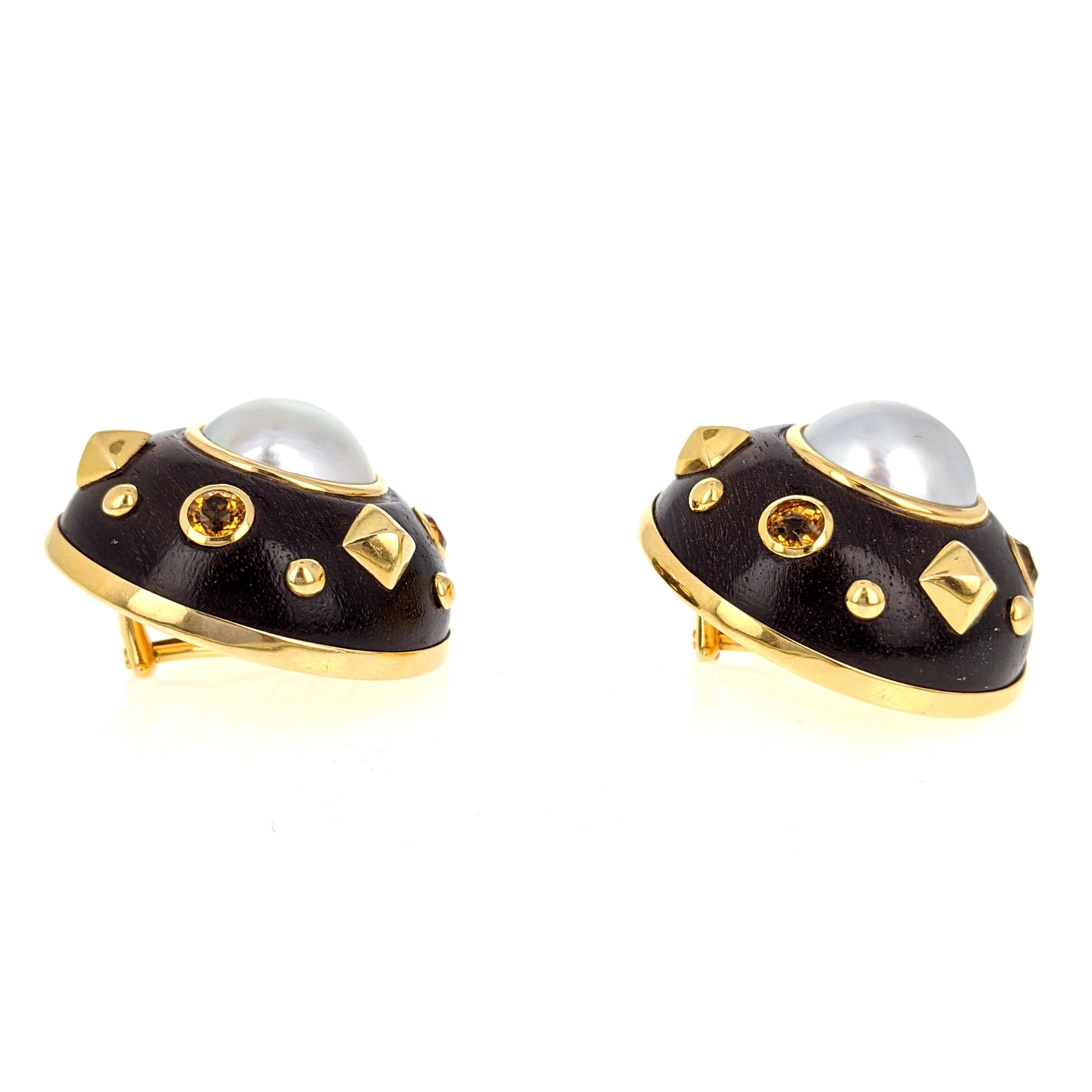 Women's or Men's Trianon Mabe Pearl Wood Citrine Gold Clip Earrings