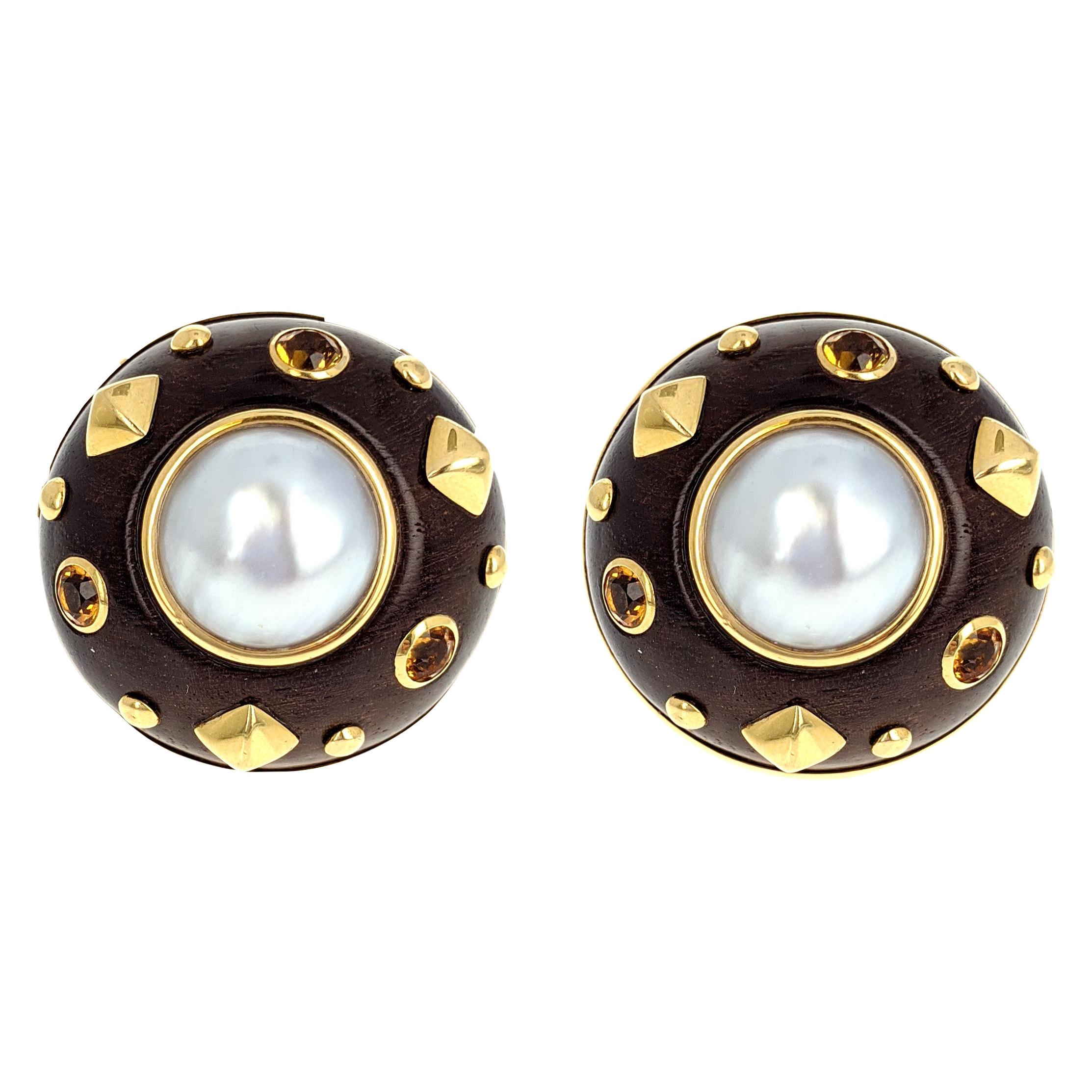 Trianon Mabe Pearl Wood Citrine Gold Clip Earrings