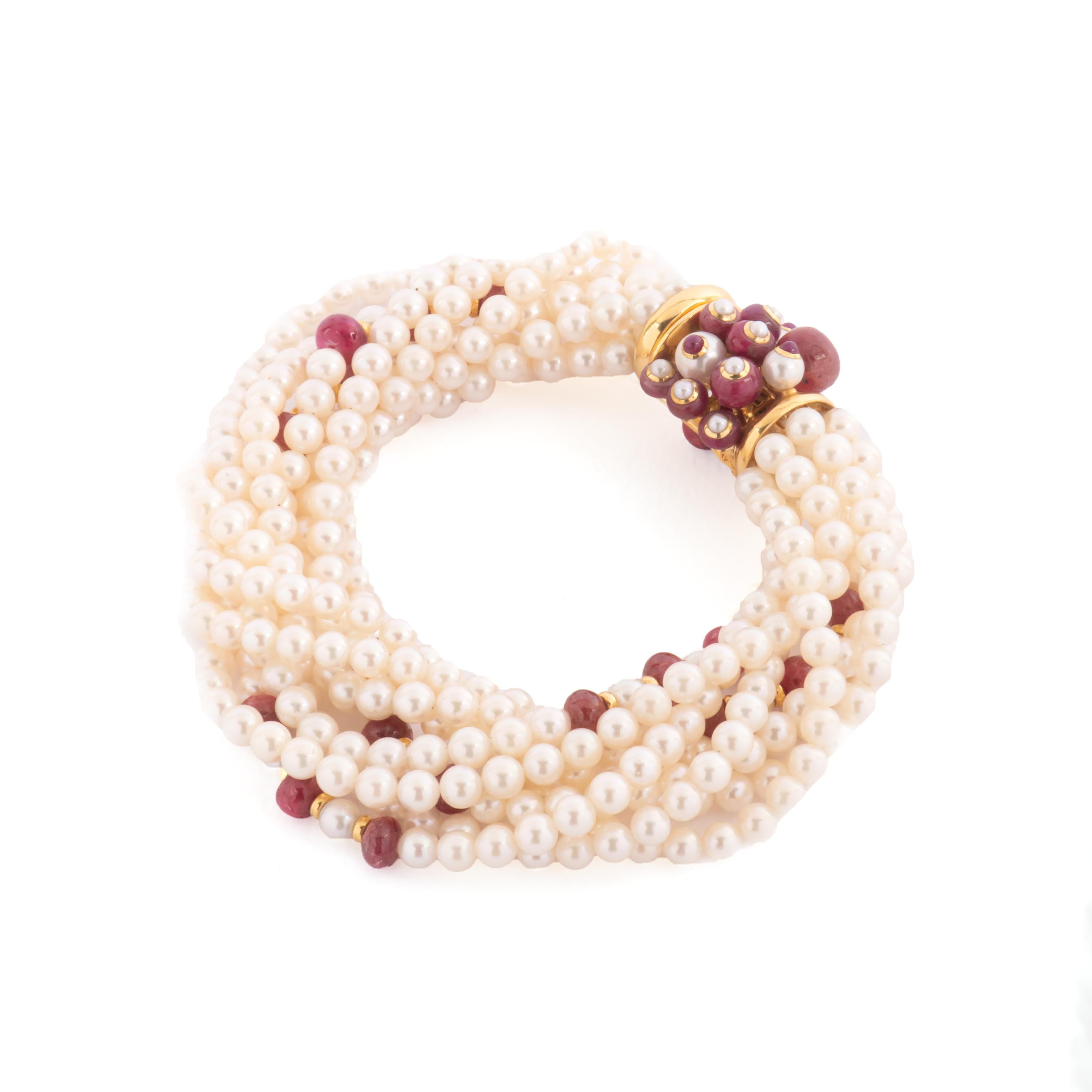 Contemporary Trianon Multi Strand Bracelet Pearls and Rubies For Sale