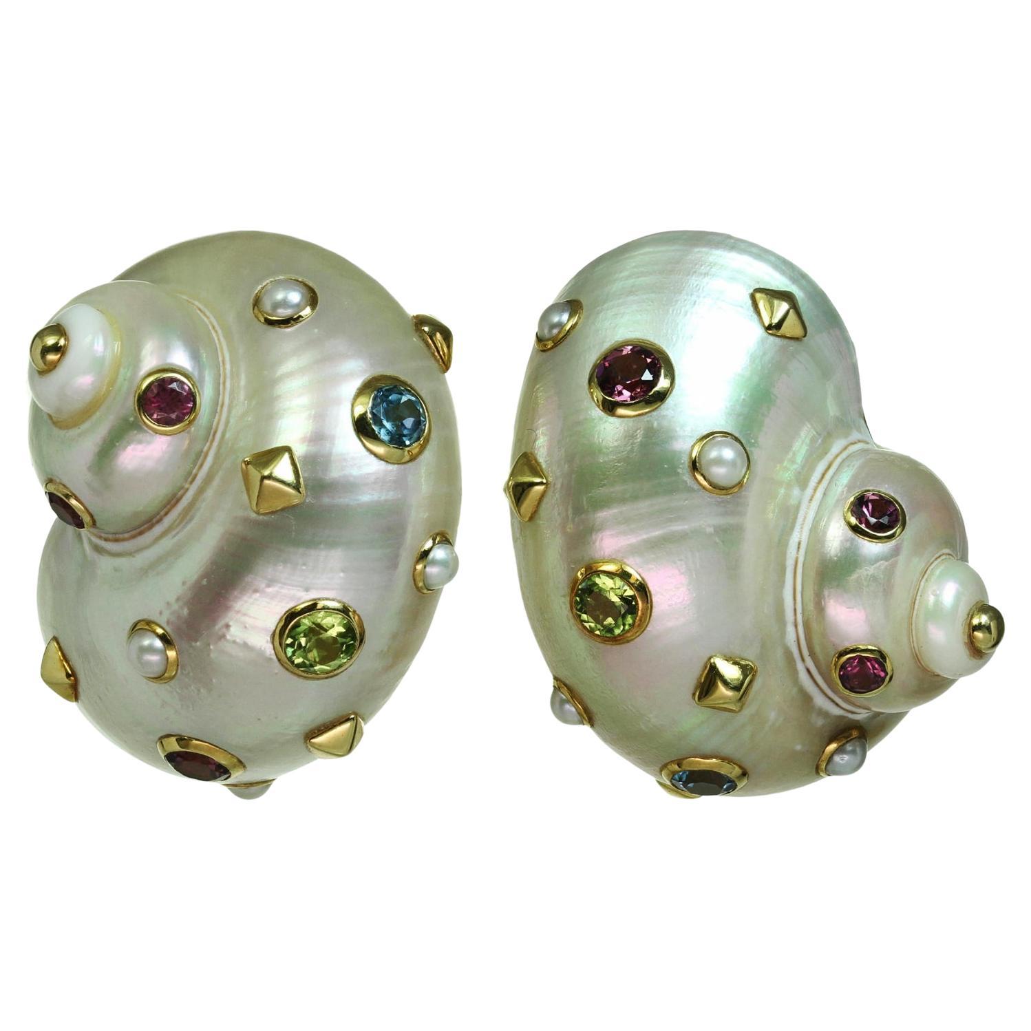 Trianon Multicolor Gemstone Mother-of-pearl Shell Yellow Gold Clip-On Earrings For Sale