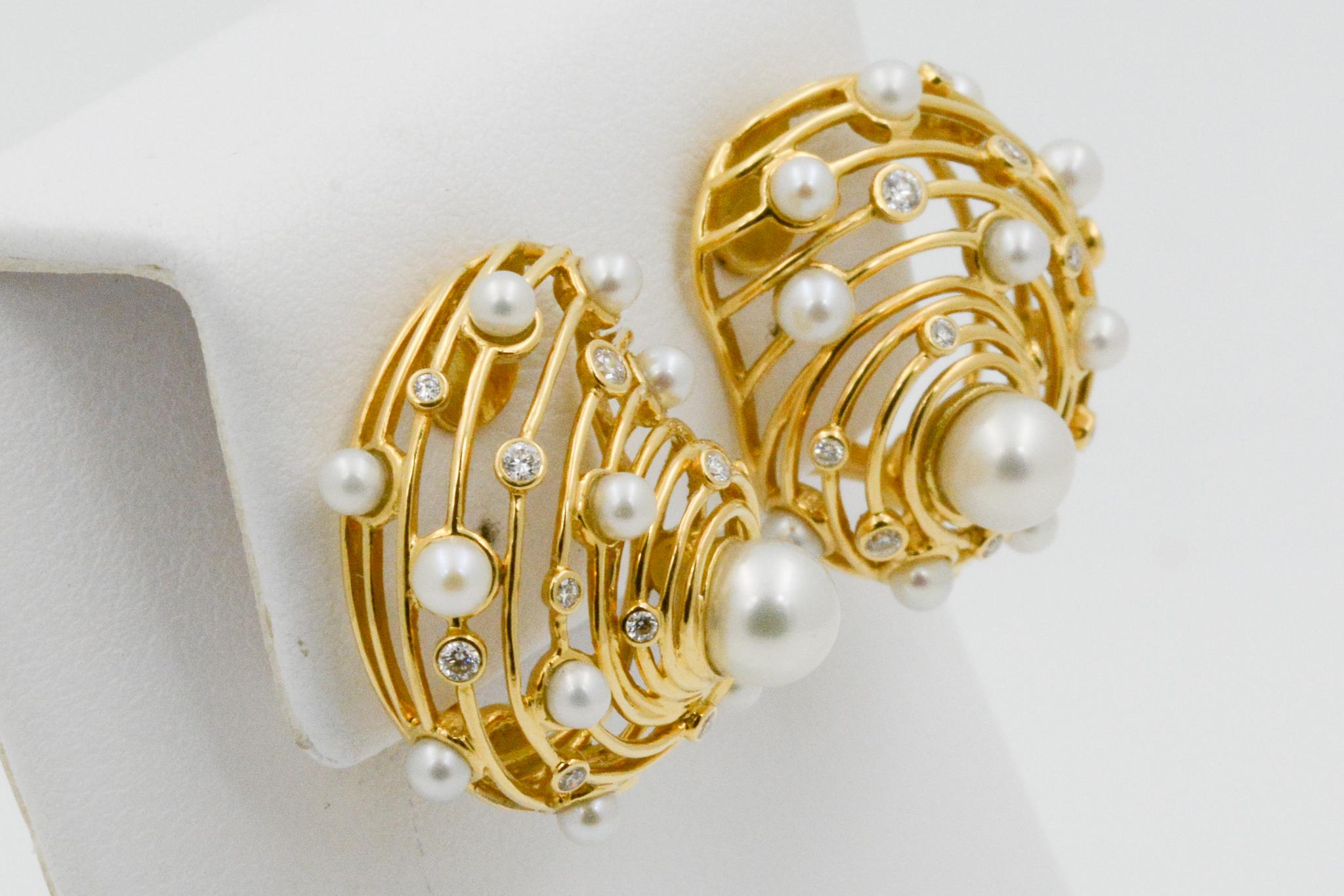 Modern Seaman Schepps Wire Shell Pearl and Diamond 18k Yellow Gold Clip Earrings For Sale