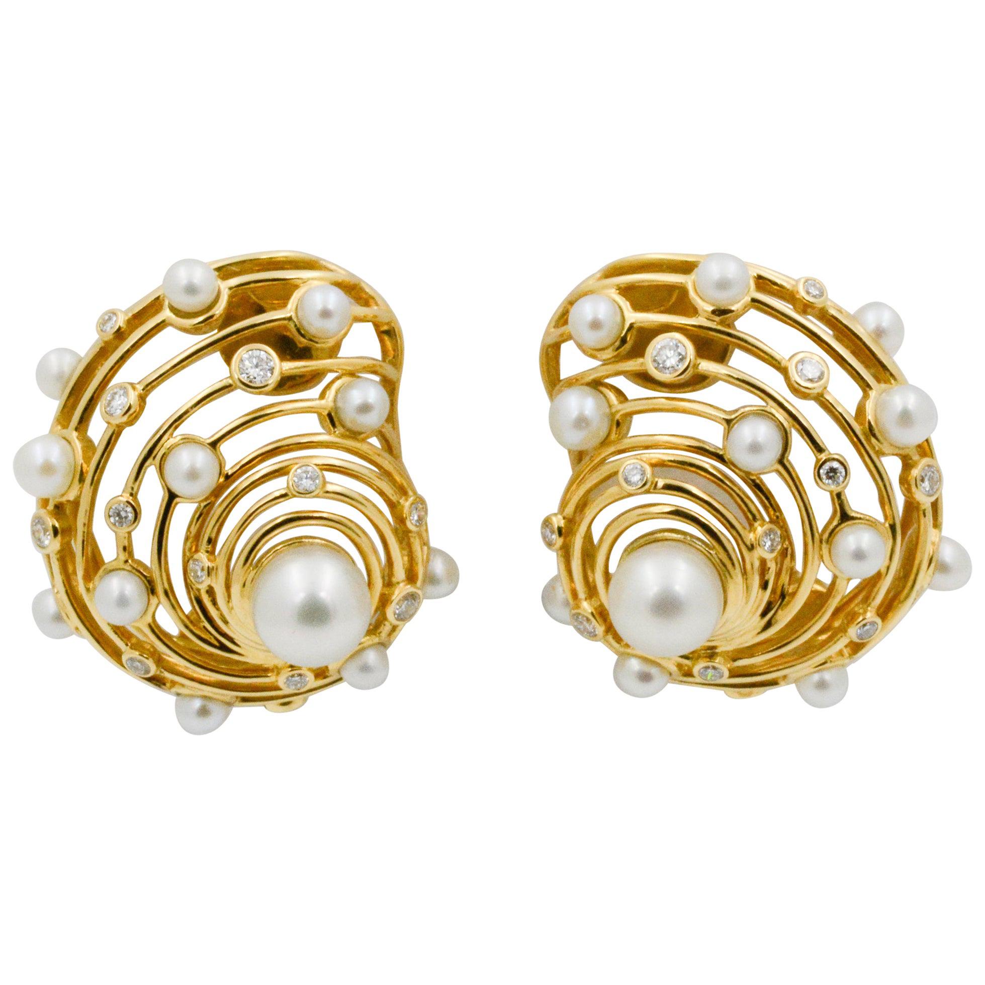 Seaman Schepps Wire Shell Pearl and Diamond 18k Yellow Gold Clip Earrings For Sale