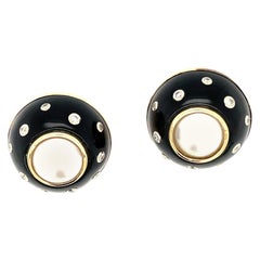 Trianon Pearl Diamond Black Enamel Clip on Earrings