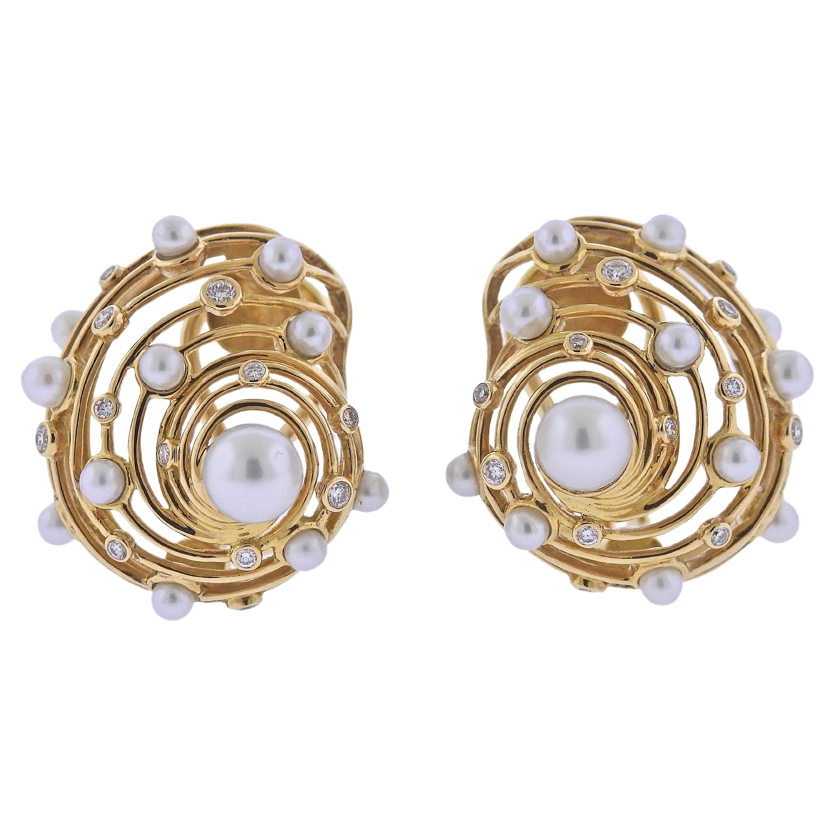 Trianon Pearl Diamond Gold Shell Earrings For Sale