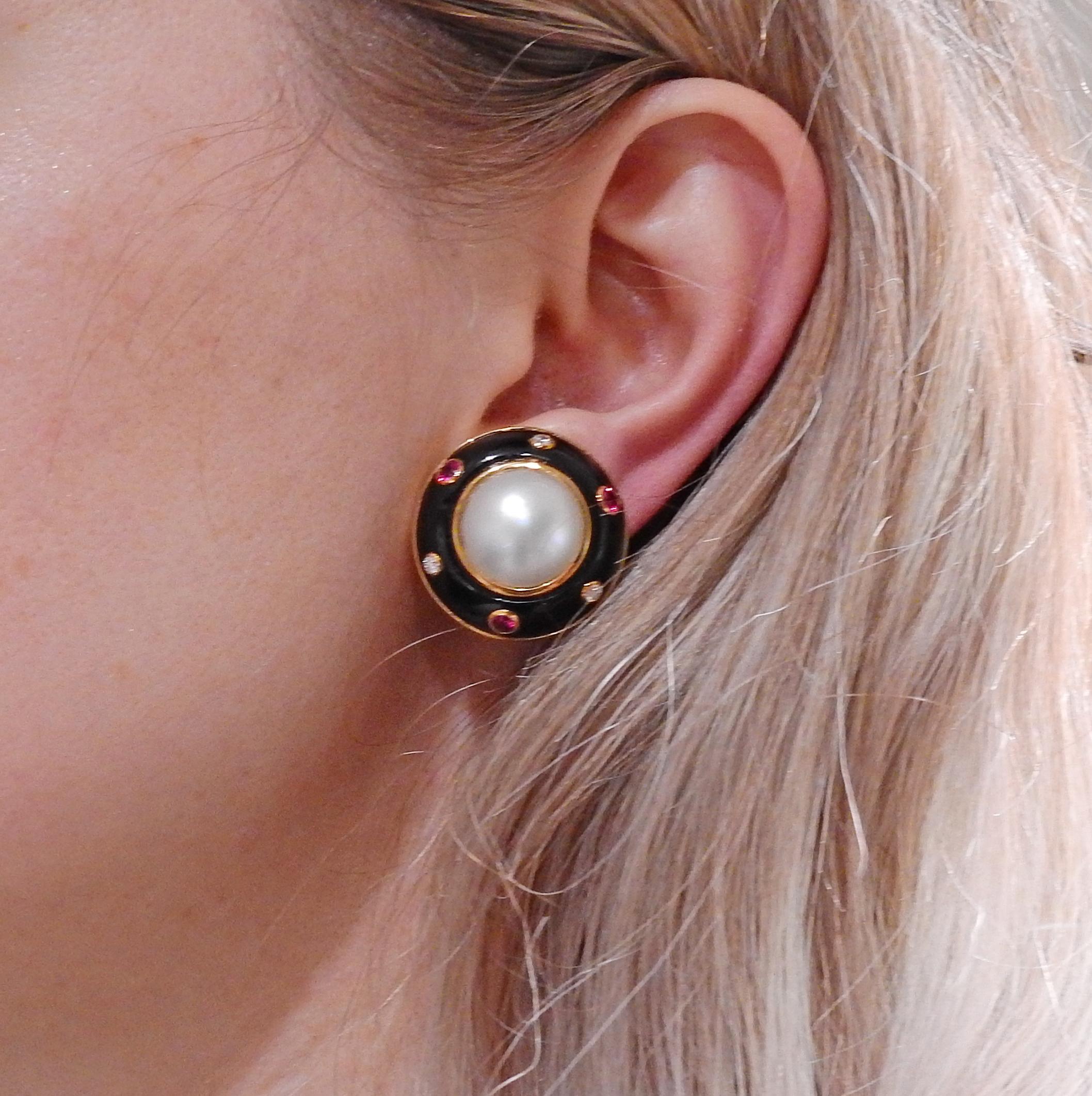 Women's Trianon Pearl Onyx Diamond Ruby Gold Earrings