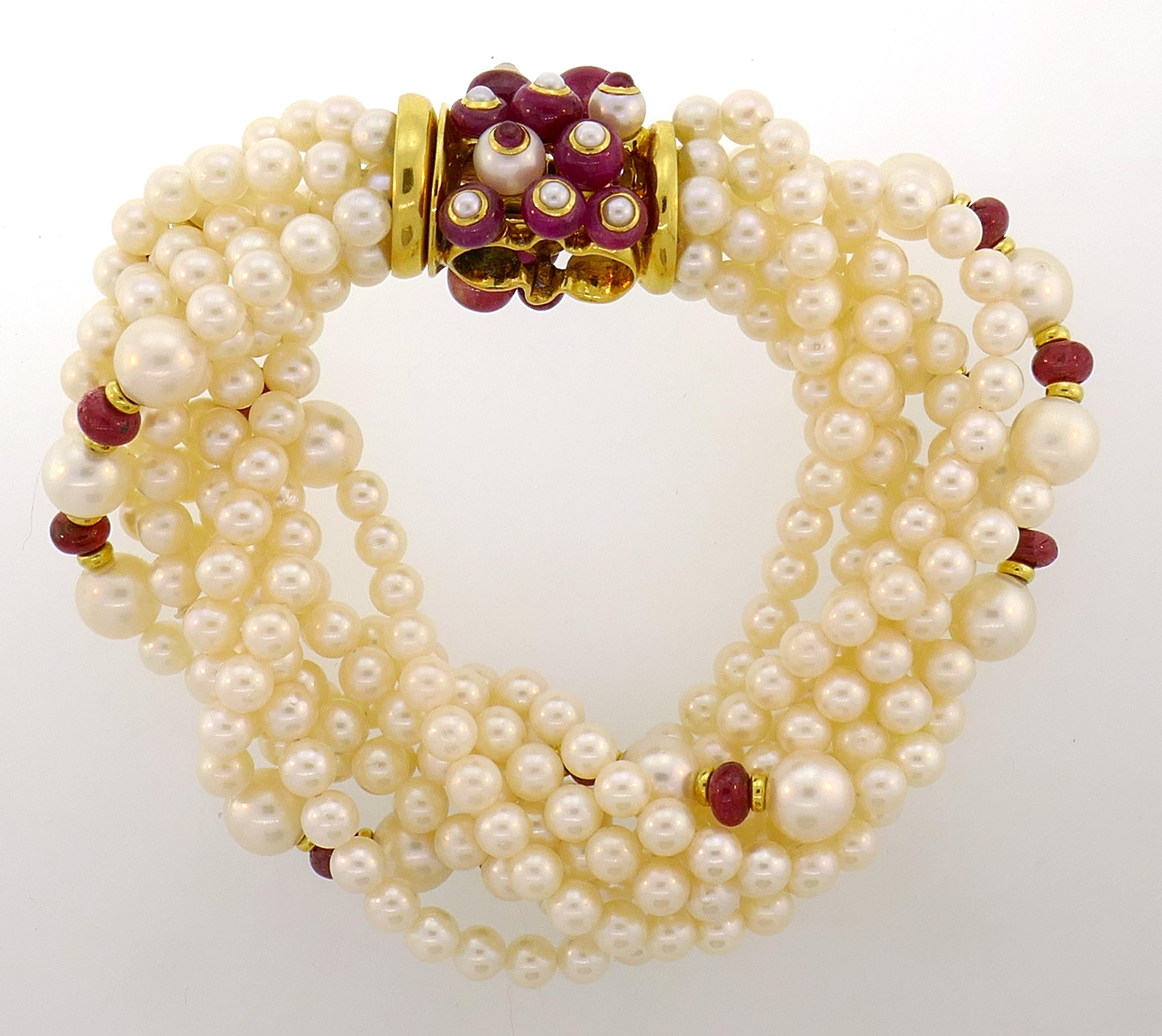Women's Trianon Pearl Ruby Bracelet with Yellow Gold Clasp Bead Multi Strand Diamond