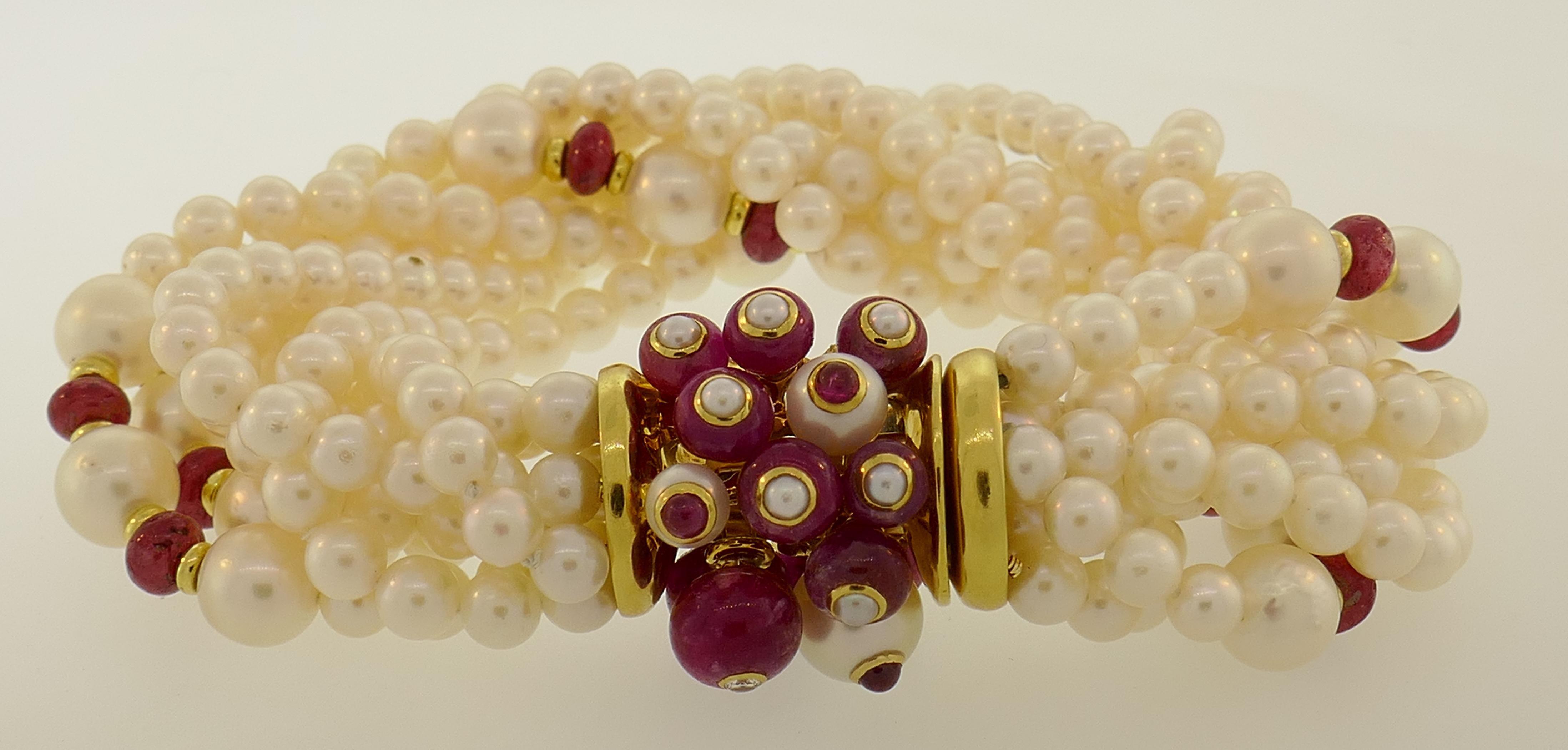 Trianon Pearl Ruby Bracelet with Yellow Gold Clasp Bead Multi Strand Diamond 3