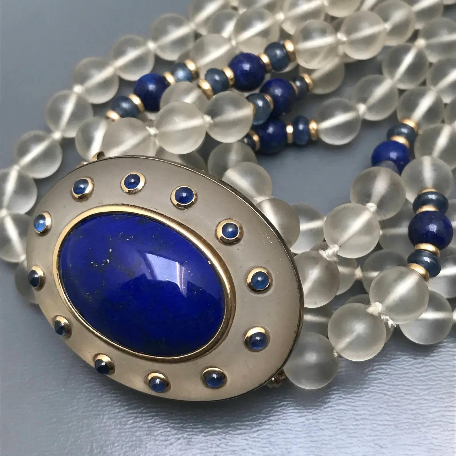 Cabochon Trianon Sapphire Lapis Frosted Crystal Gold Multi Strand Necklace Detachable Pin For Sale