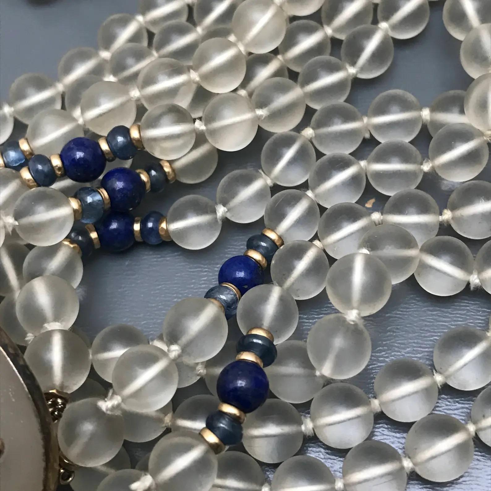 Trianon Sapphire Lapis Frosted Crystal Gold Multi Strand Necklace Detachable Pin In Good Condition For Sale In Plainsboro, NJ