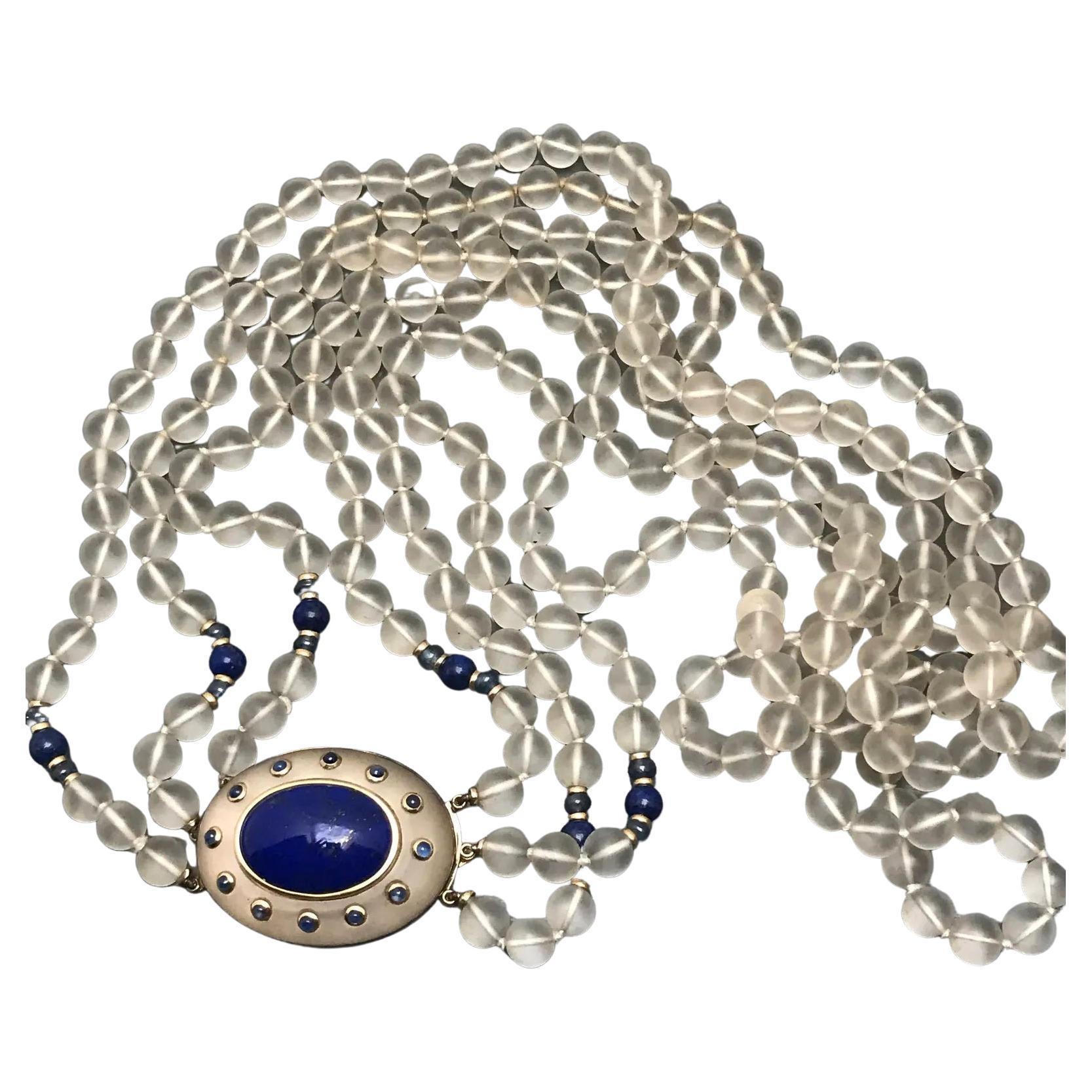 Trianon Sapphire Lapis Frosted Crystal Gold Multi Strand Necklace Detachable Pin