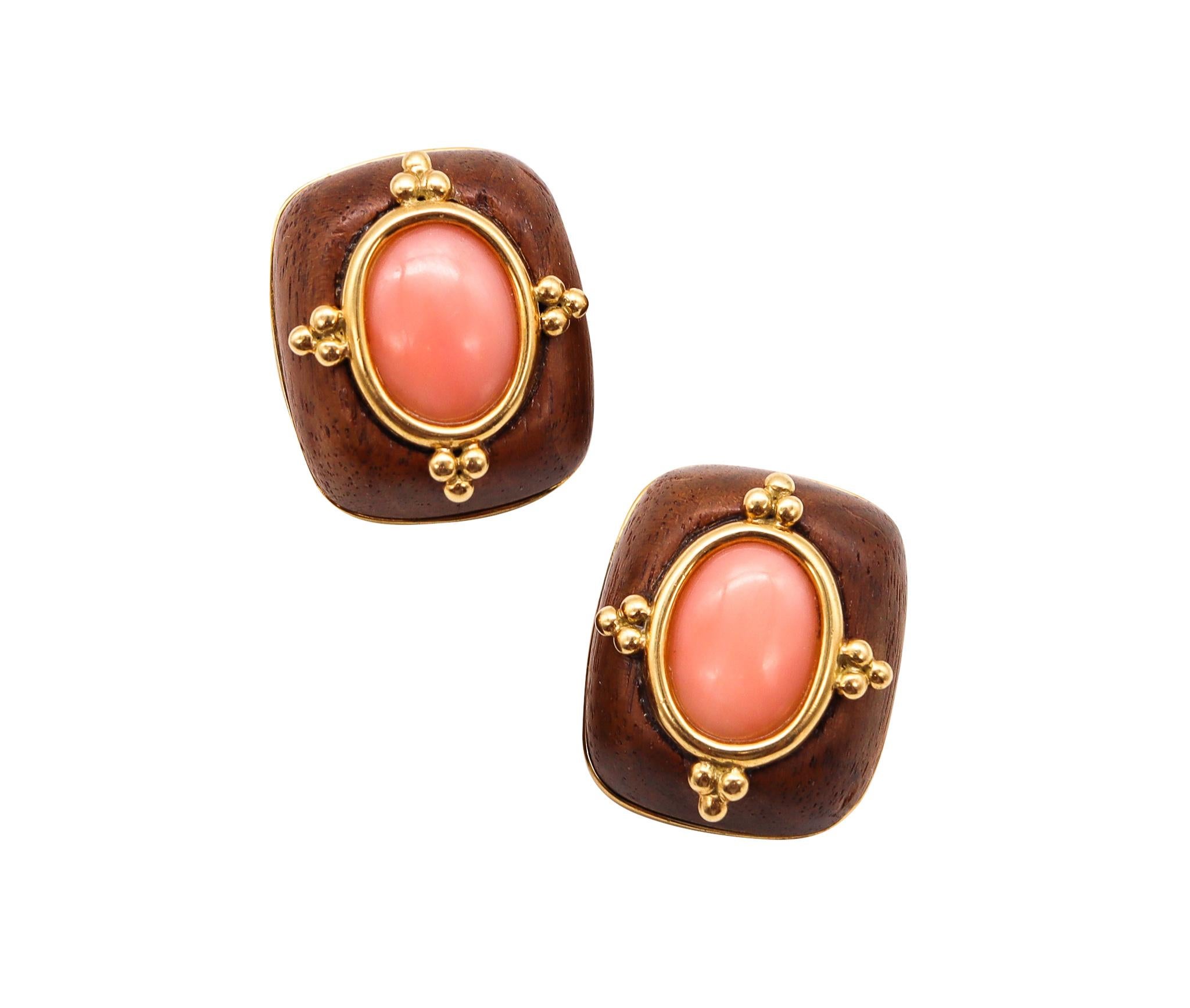 Cabochon Trianon Seaman Schepps Clip Earrings 18kt Gold with Carved Rose Wood and Coral