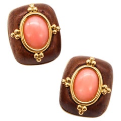 Vintage Trianon Seaman Schepps Clip Earrings 18kt Gold with Carved Rose Wood and Coral
