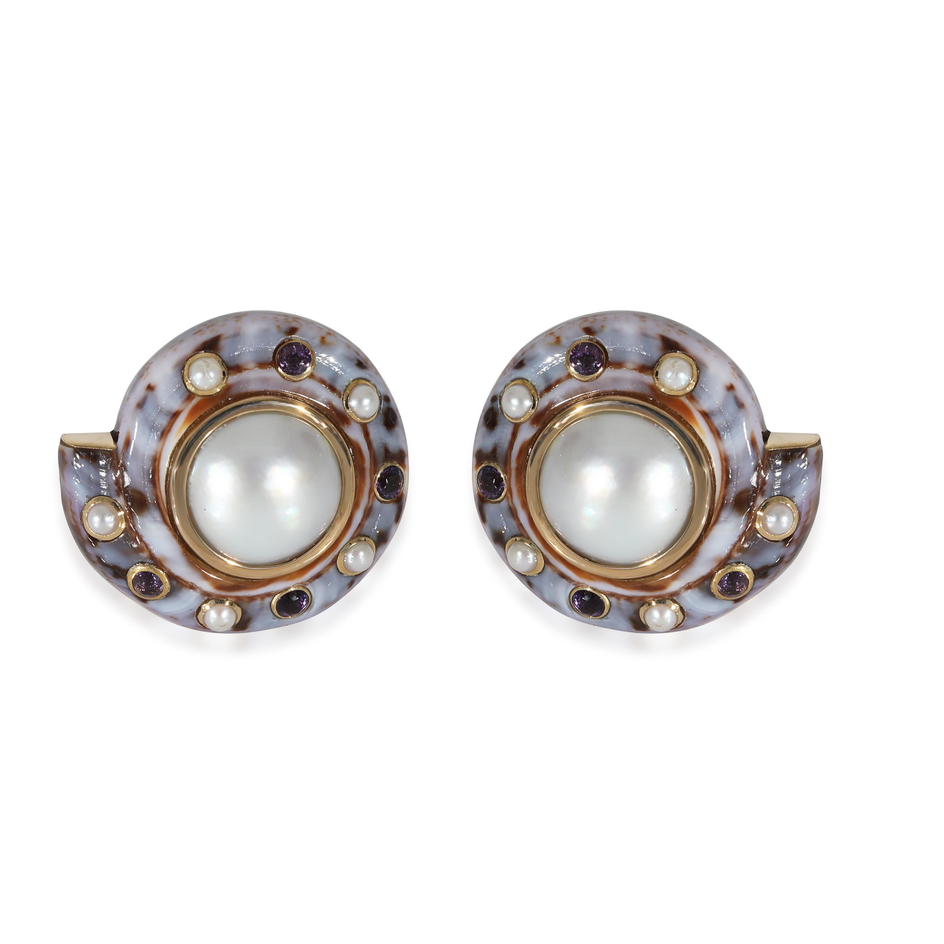 Women's or Men's Trianon 'Seaman Shepps' Mabe Pearl, Amethyst & Shell Earring in 18k Yellow Gold For Sale