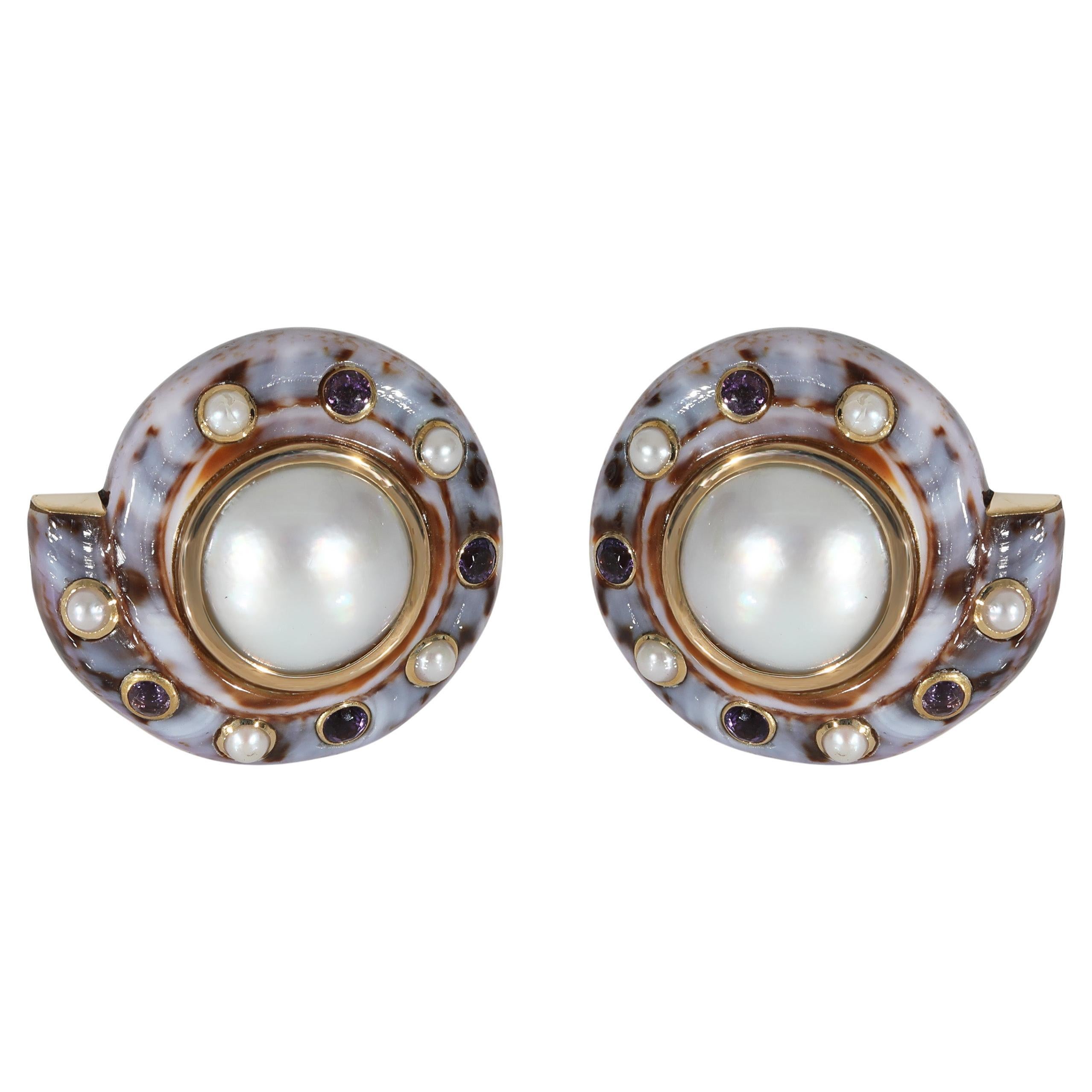 Trianon 'Seaman Shepps' Mabe Pearl, Amethyst & Shell Earring in 18k Yellow Gold For Sale